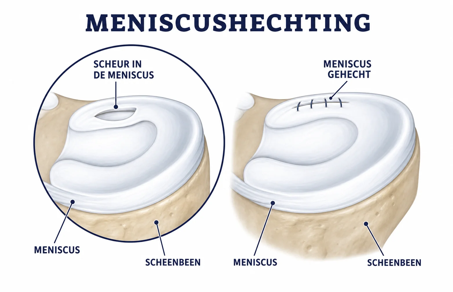 Stappen van een kijkoperatie waarbij een scheur in de meniscus wordt gehecht