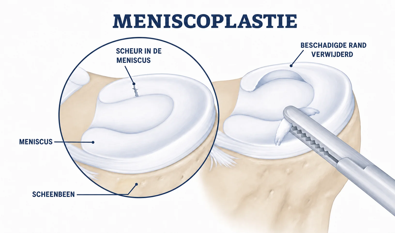 Stappen van een kijkoperatie waarbij een beschadigd deel van de meniscus wordt bijgewerkt