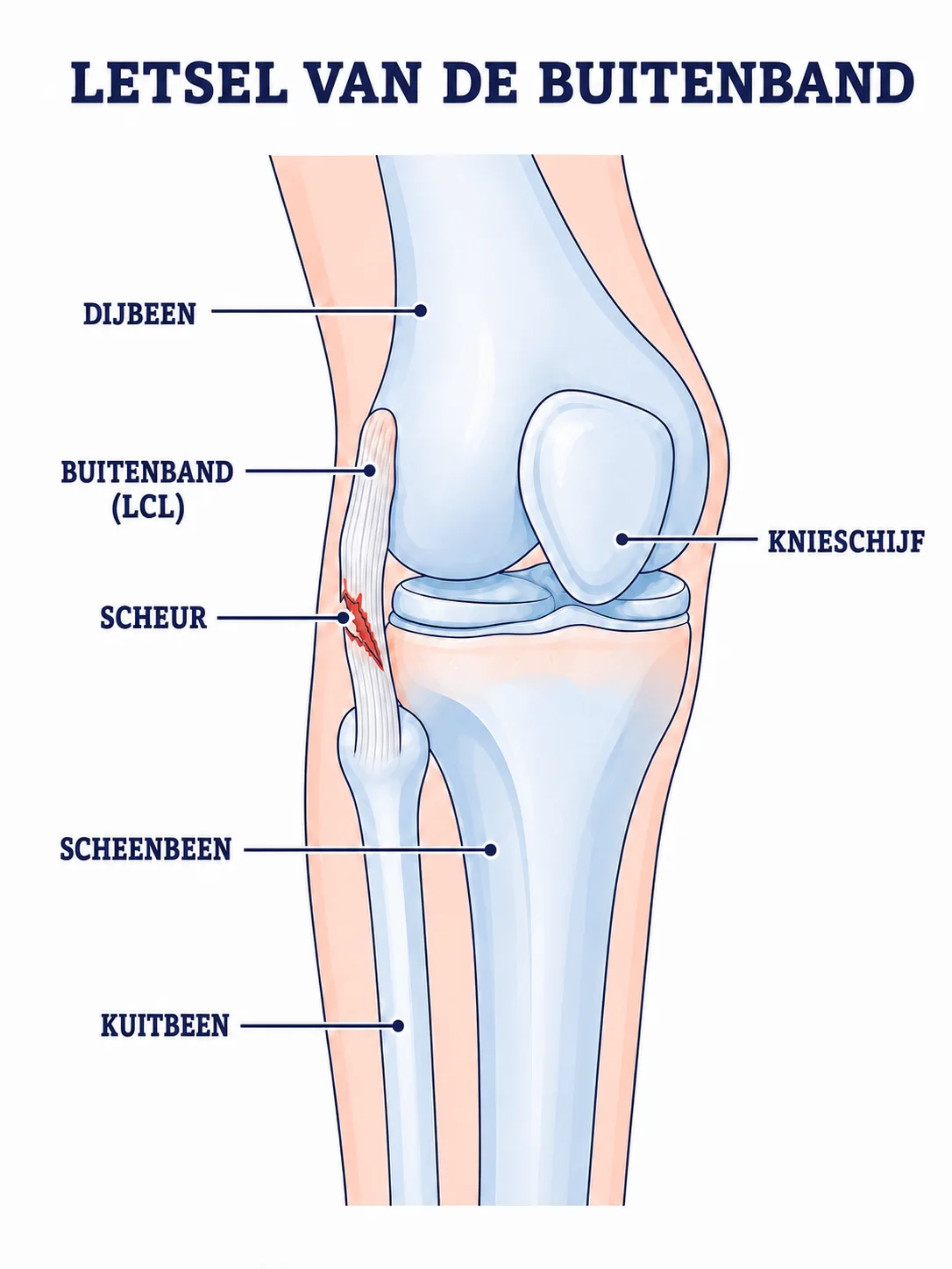 Anatomische illustratie van een scheur in de buitenband tussen dijbeen en kuitbeen