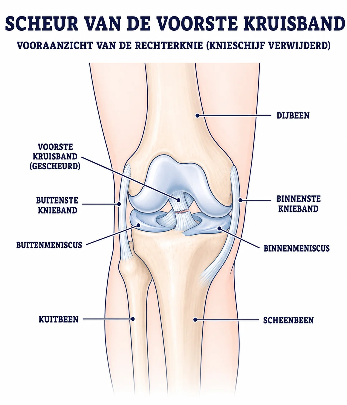 Vergelijking van een intacte knie en een knie met een scheur van de voorste kruisband