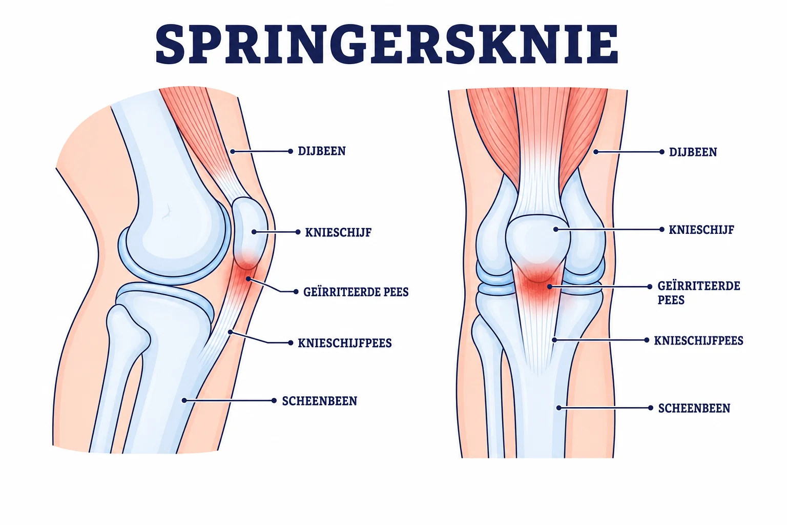 Voor- en zijaanzicht van de geïrriteerde knieschijfpees bij springersknie
