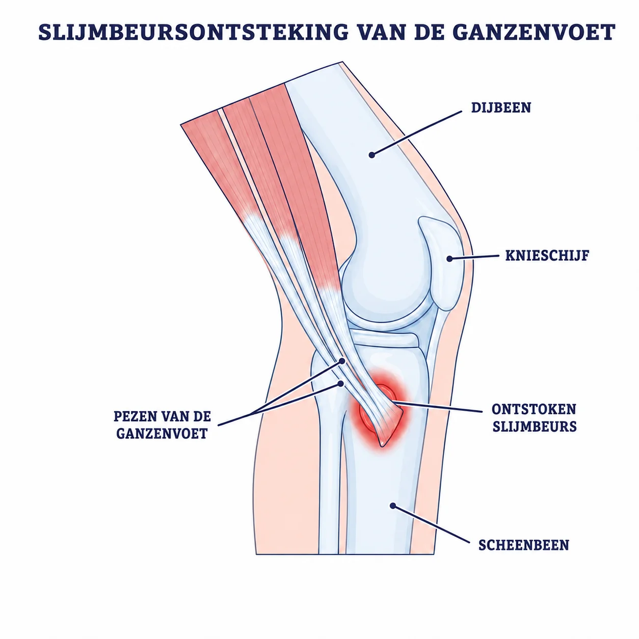 Illustratie van een ontstoken slijmbeurs bij de ganzenvoet aan de binnenzijde van de knie