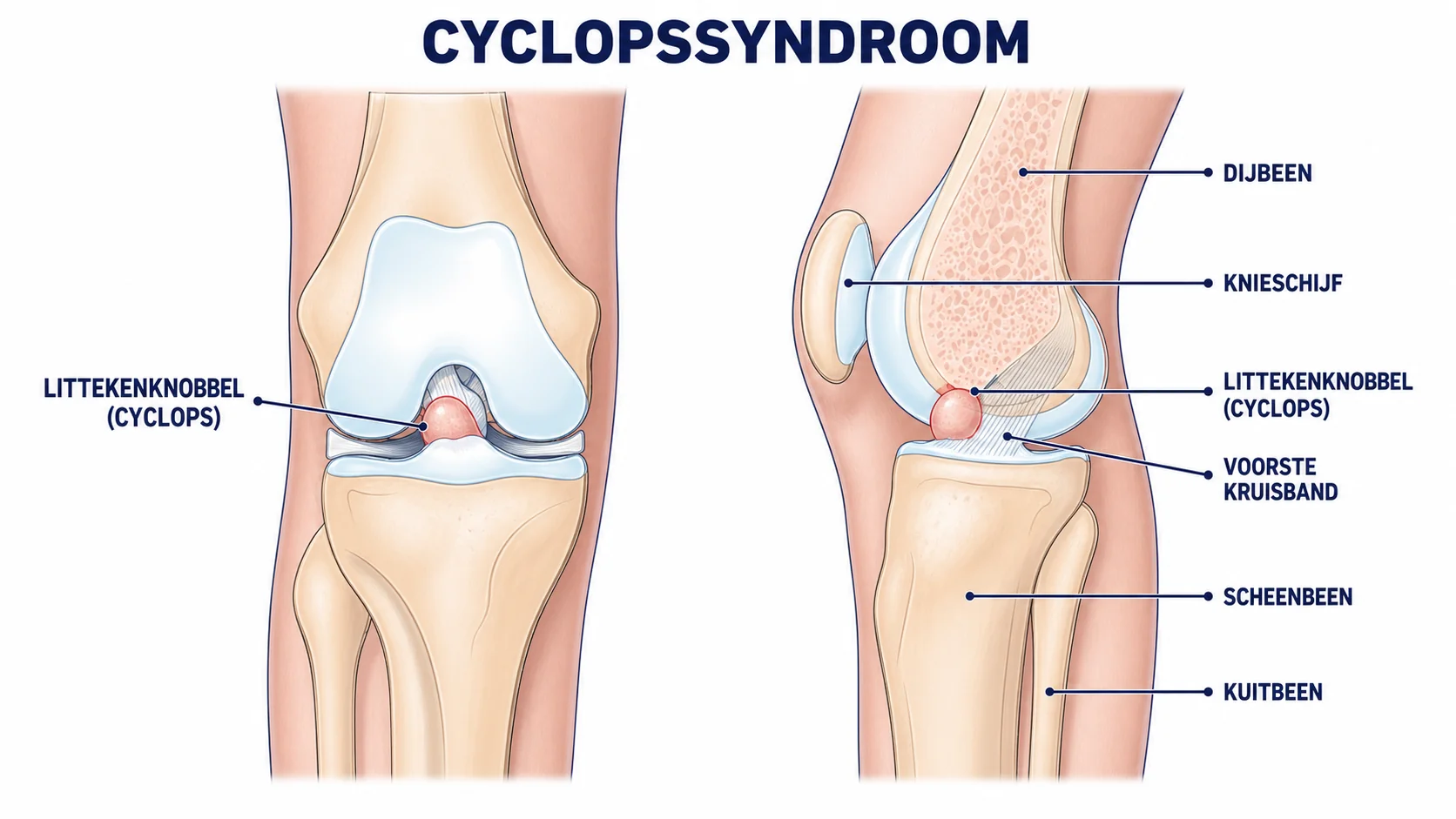 Illustratie van een littekenknobbel vooraan in de knie bij cyclopssyndroom na een kruisbandoperatie