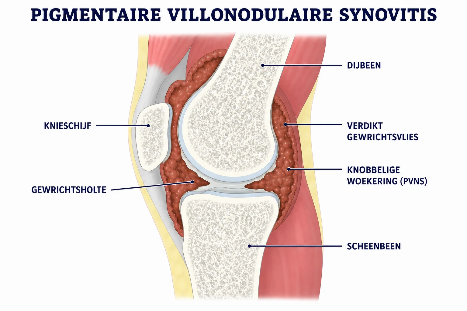 Illustratie van verdikt en knobbelig gewrichtsvlies bij pigmentaire villonodulaire synovitis