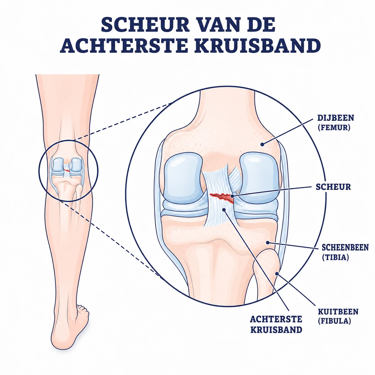 Anatomische illustratie van een scheur in de achterste kruisband tussen dijbeen en scheenbeen