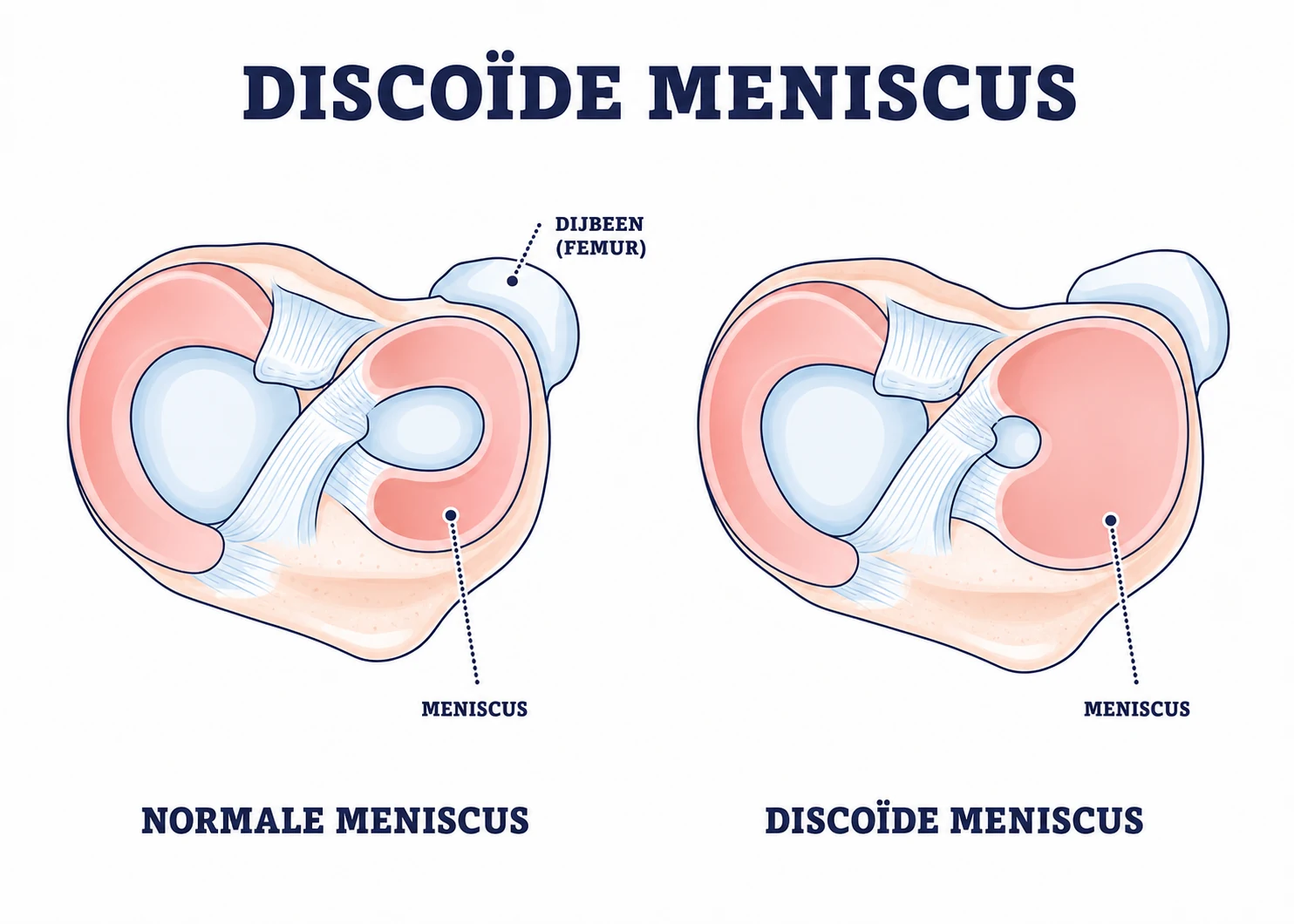 Bovenaanzicht van een normale halvemaanvormige meniscus naast een schijfvormige discoïde meniscus