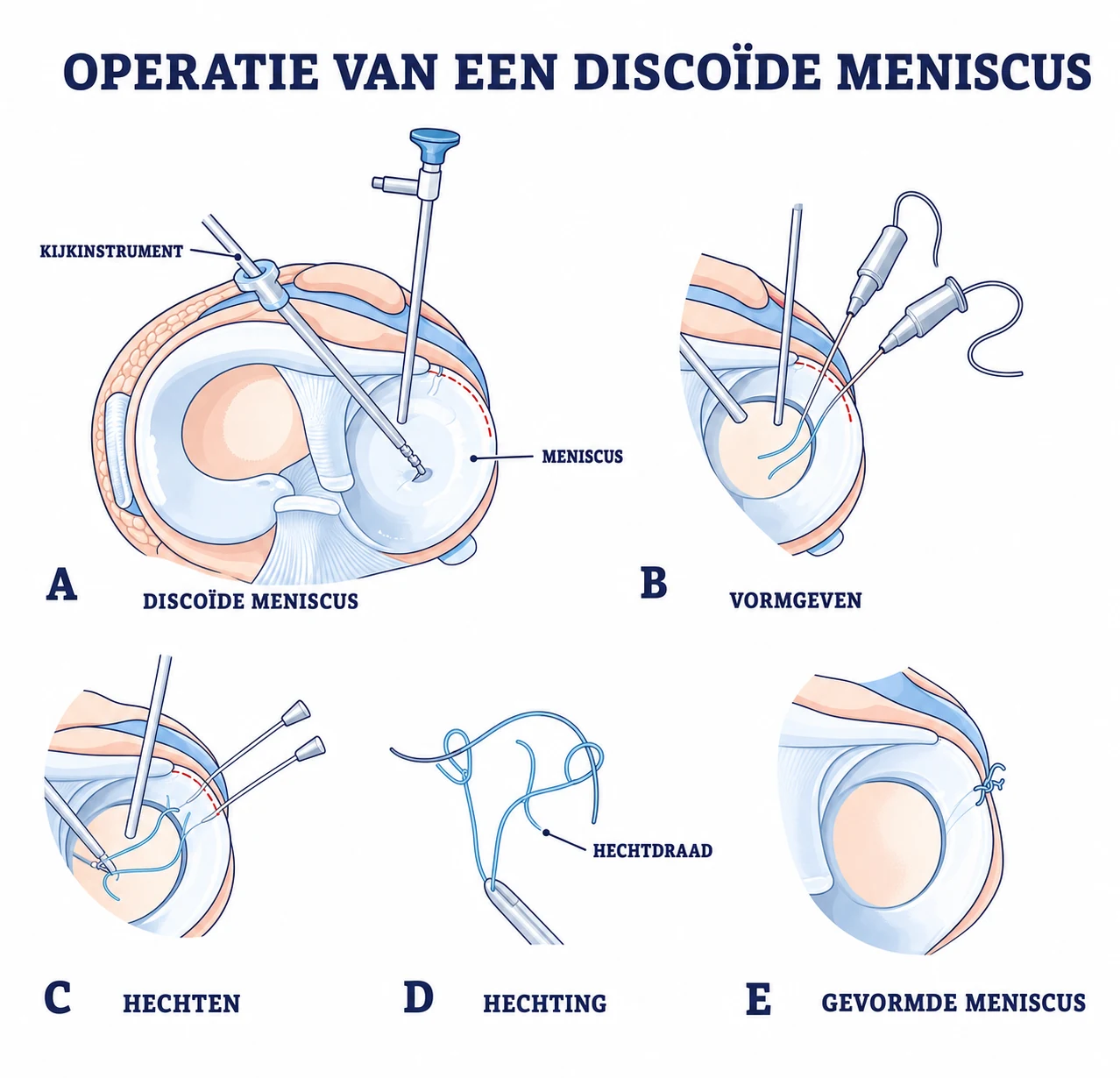 Vijf stappen van een kijkoperatie waarbij een discoïde meniscus wordt bijgevormd en gehecht