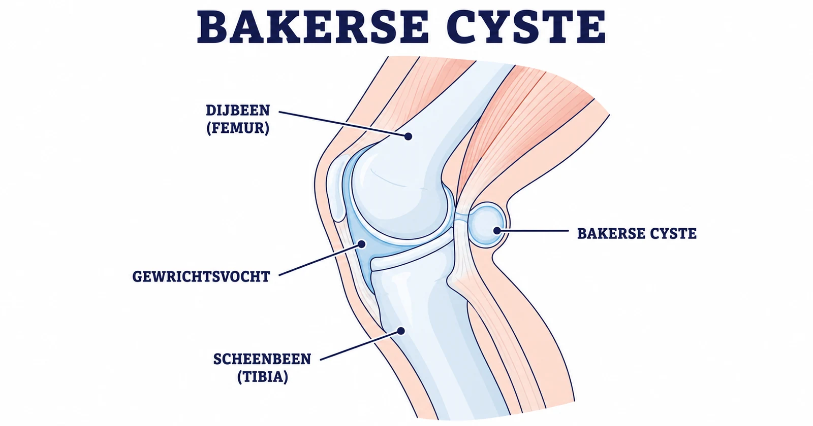 Zijaanzicht van de knie met een bakerse cyste gevuld met gewrichtsvocht in de knieholte