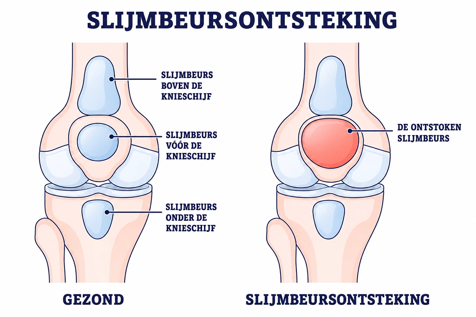 Vergelijking van gezonde slijmbeurzen rond de knieschijf met een ontstoken slijmbeurs vooraan