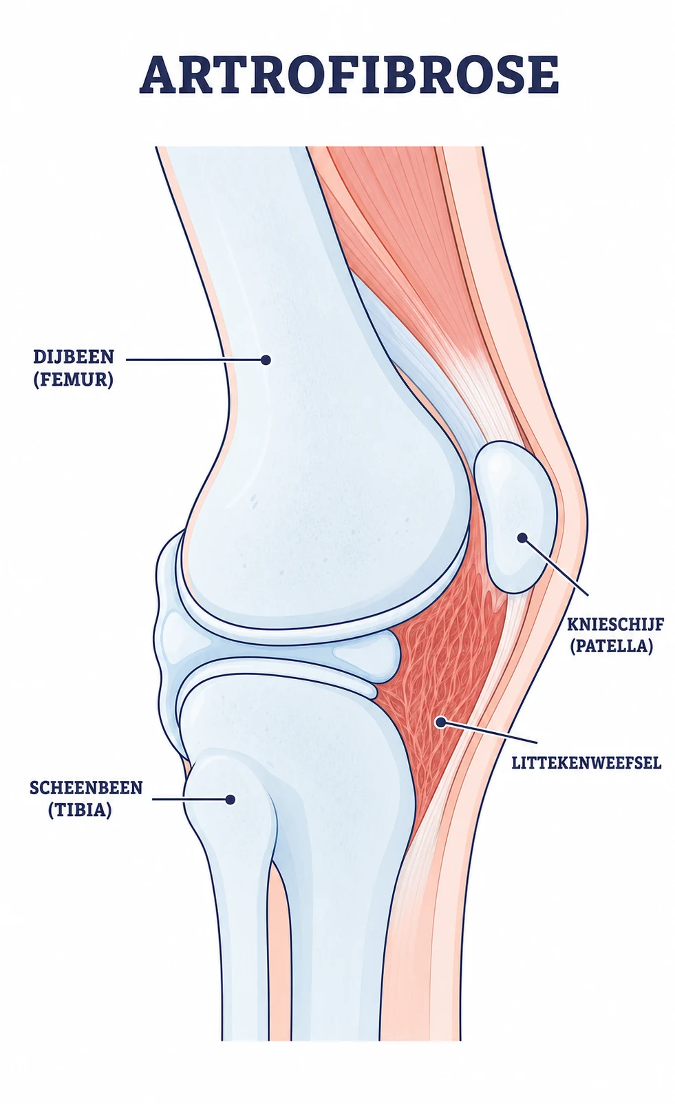 Zijaanzicht van de knie met littekenweefsel tussen knieschijf en dijbeen bij arthrofibrose
