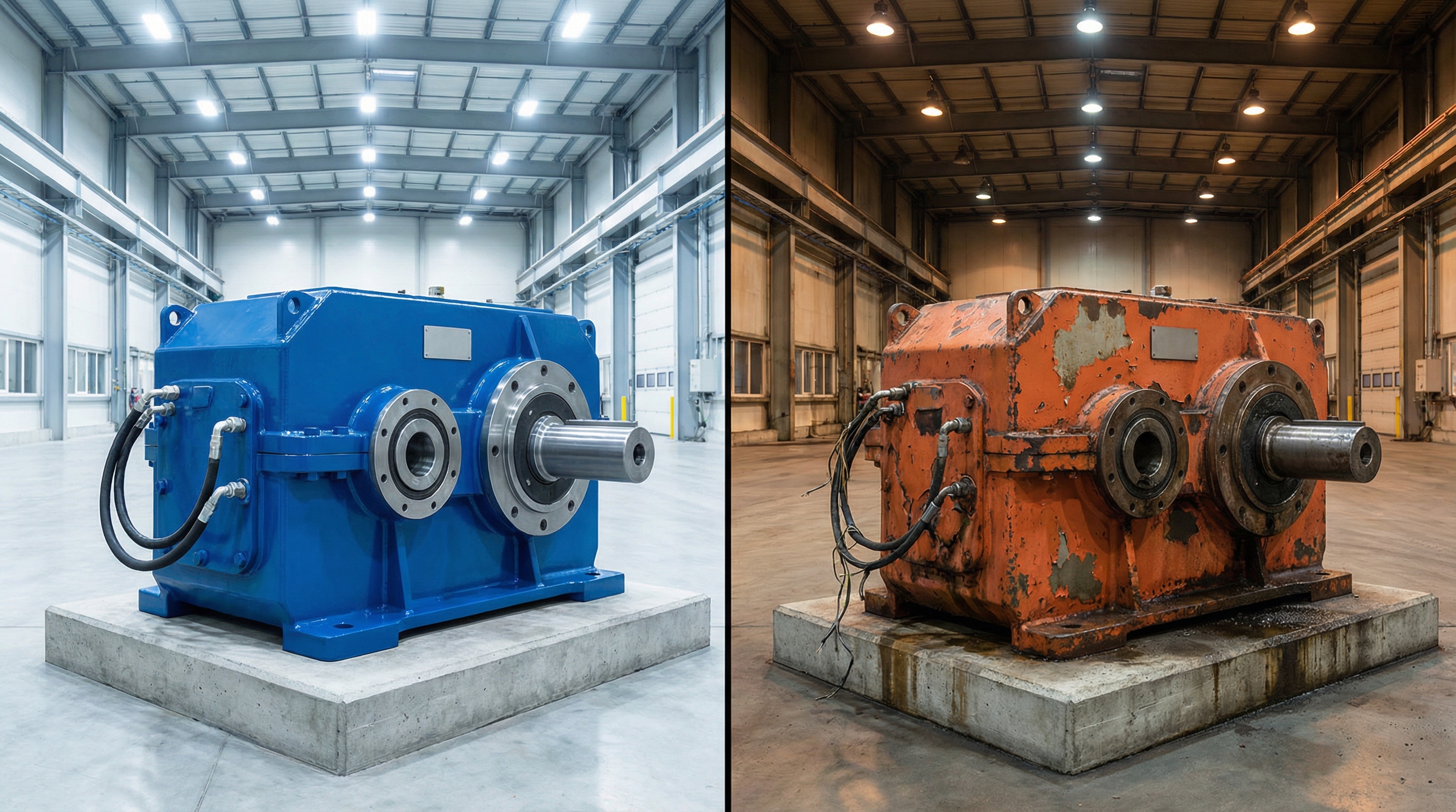 Split image showing well-maintained equipment on left versus worn equipment on right, highlighting condition differences