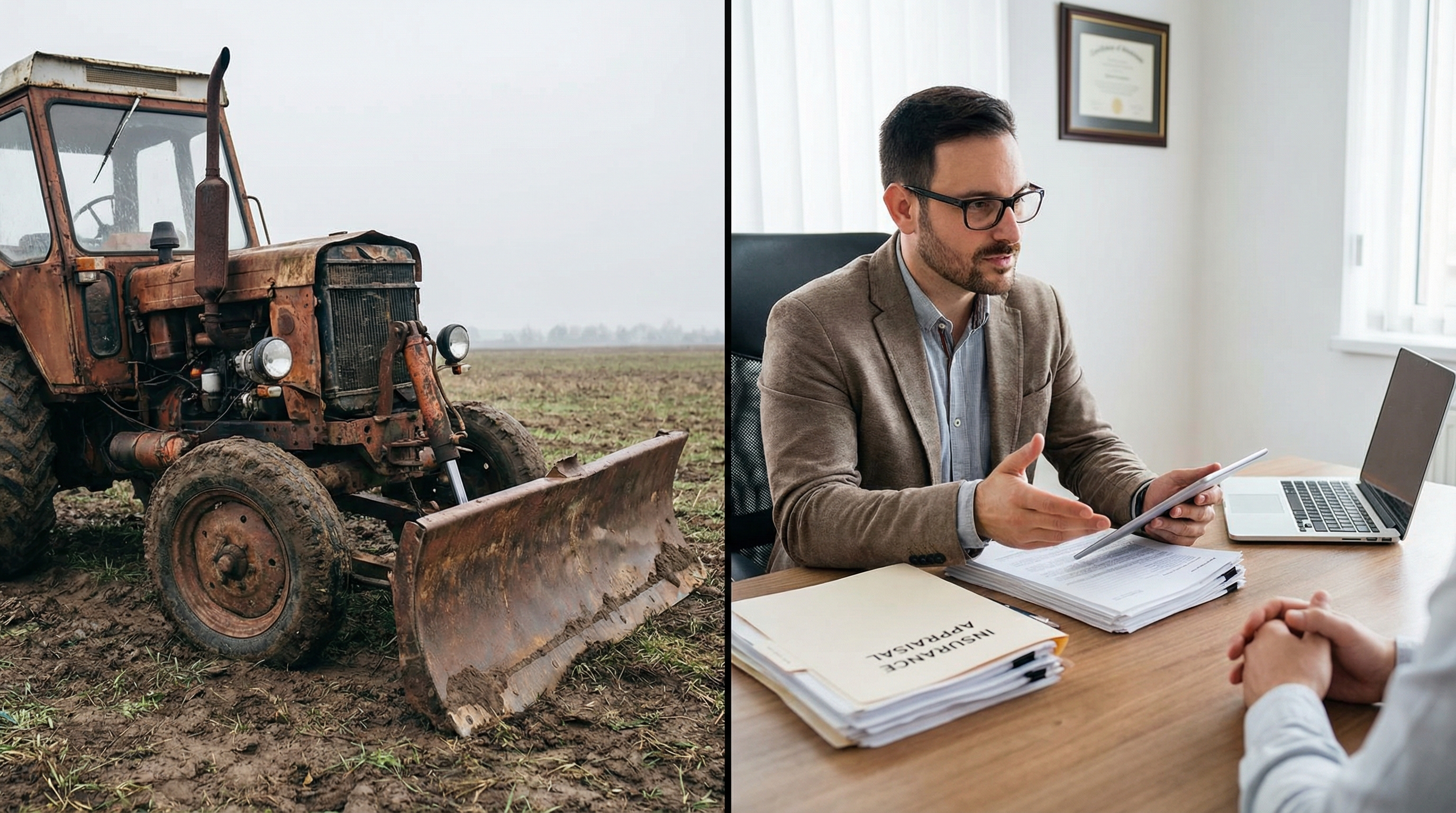 Split screen showing damaged restaurant kitchen equipment on left and insurance adjuster reviewing appraisal report on right