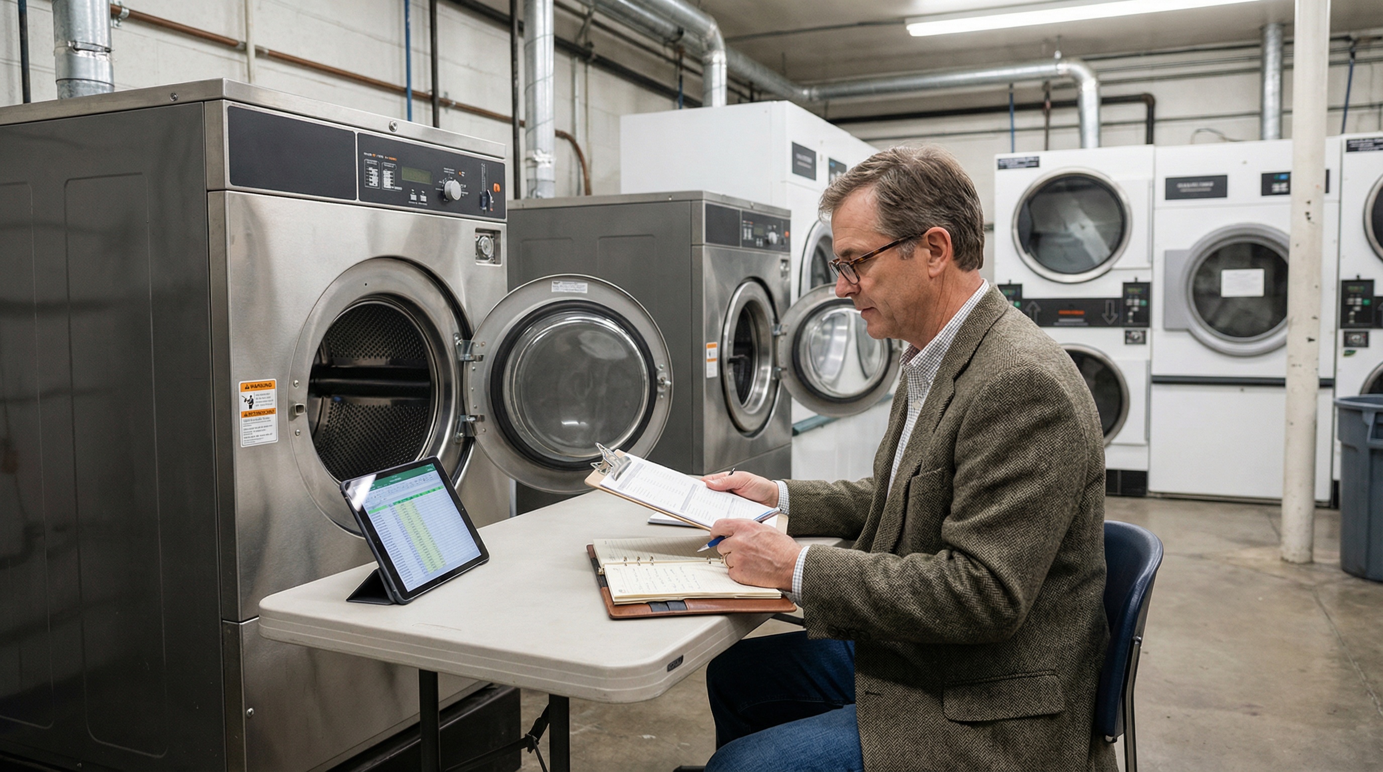 Professional appraiser reviewing documentation and taking notes while examining commercial laundry equipment