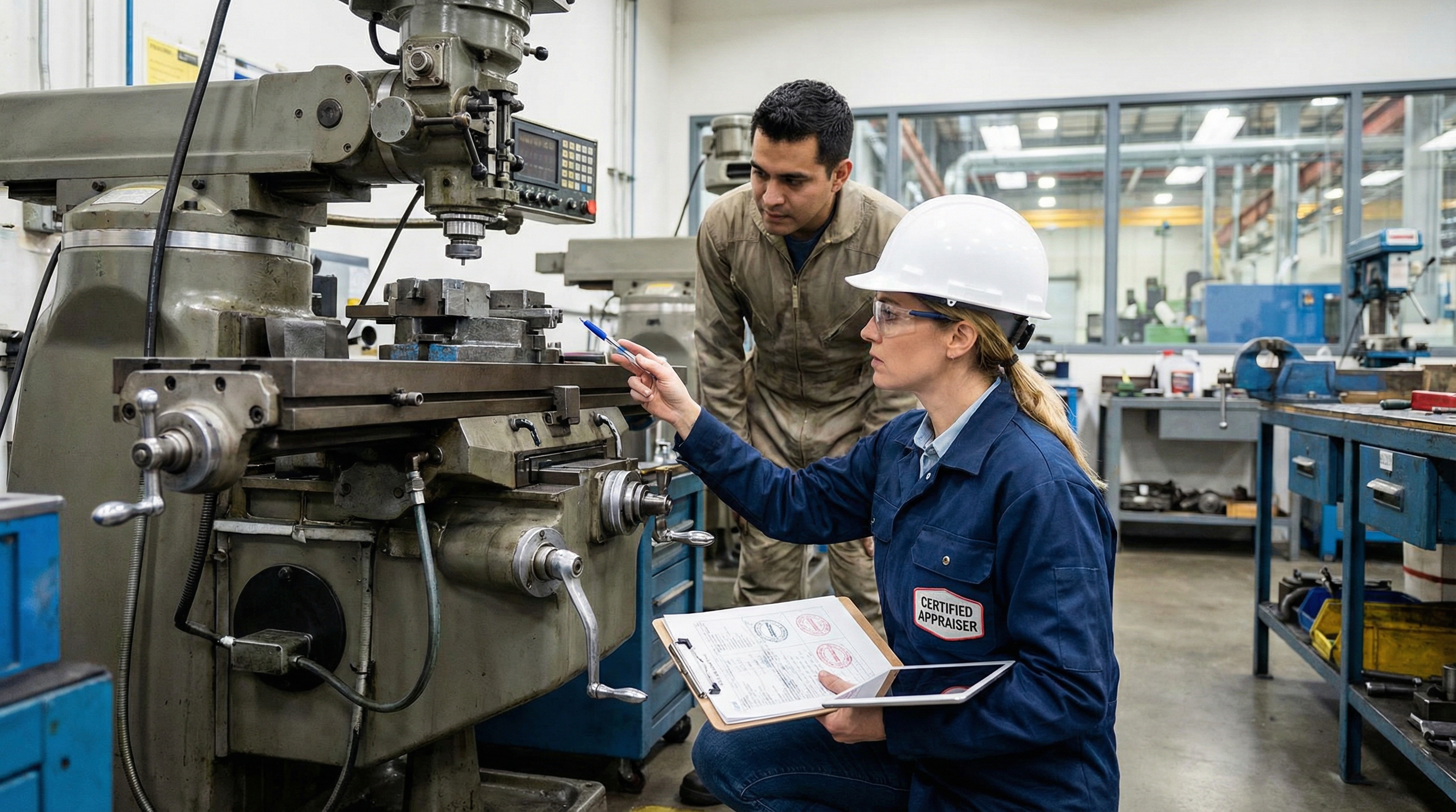 Professional appraiser examining industrial machinery with certification documents