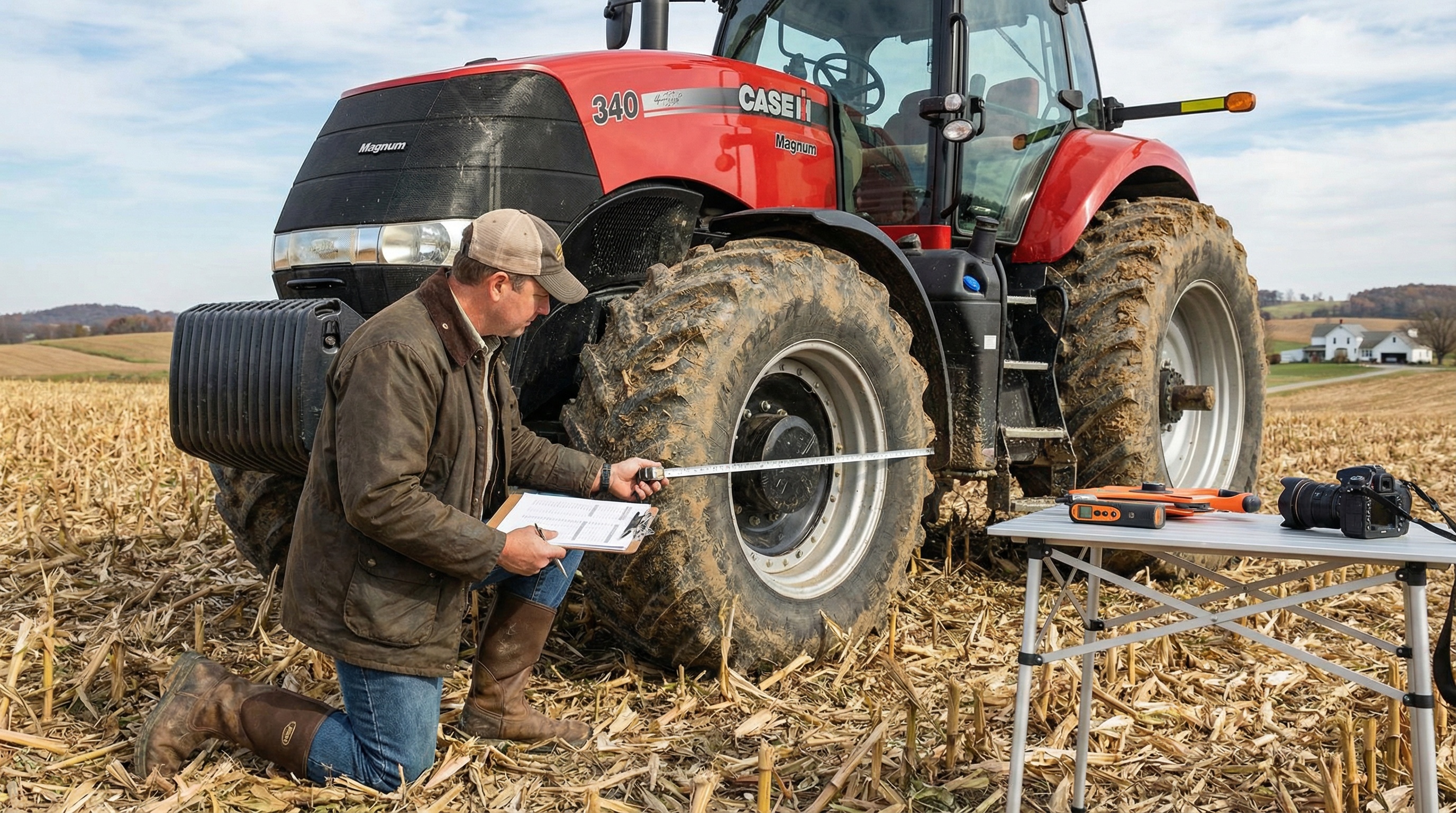 Professional appraiser inspecting a large red tractor in a farm field with clipboard and measuring tools