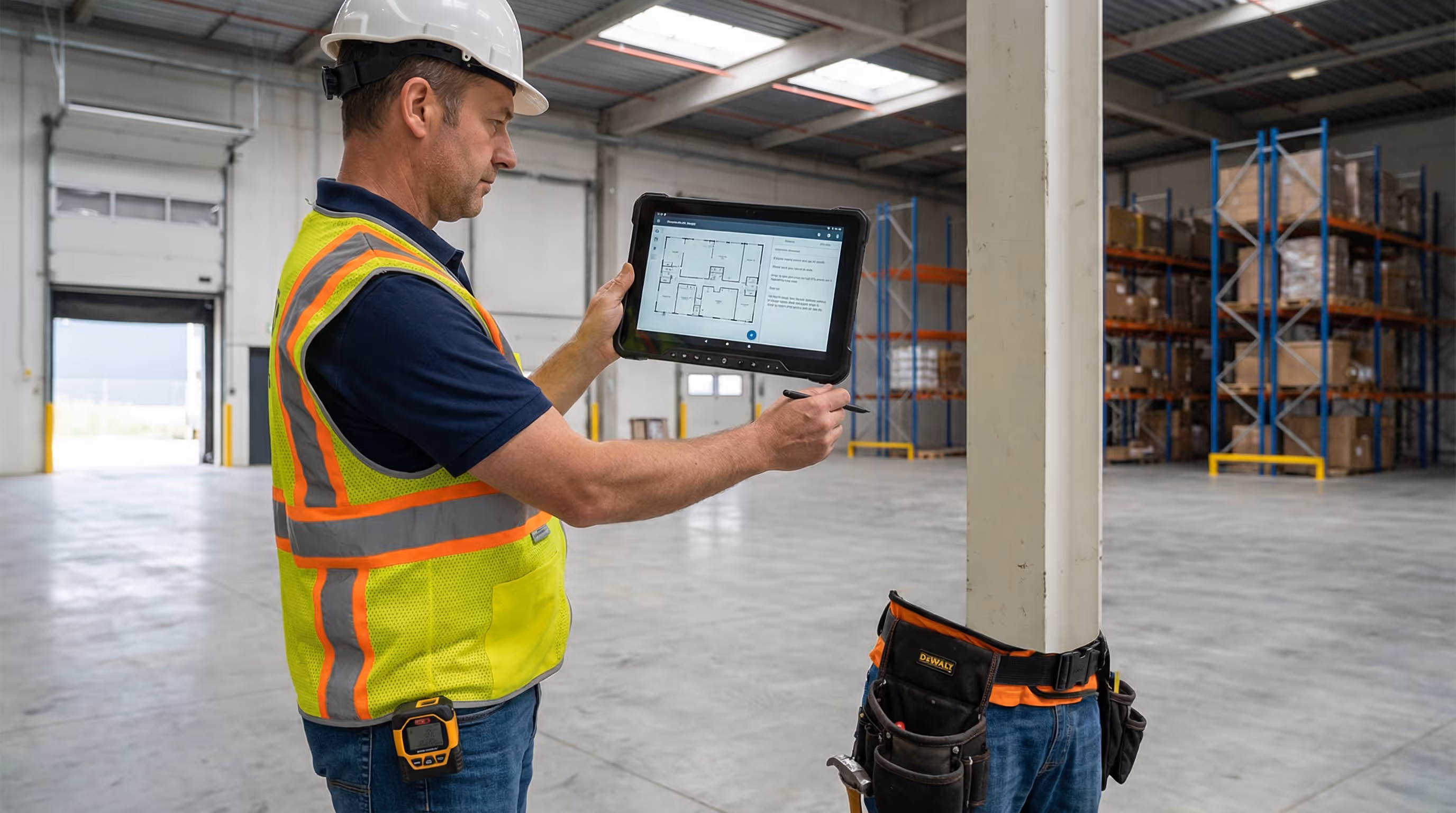 appraiser using tablet to document commercial property measurements and condition notes