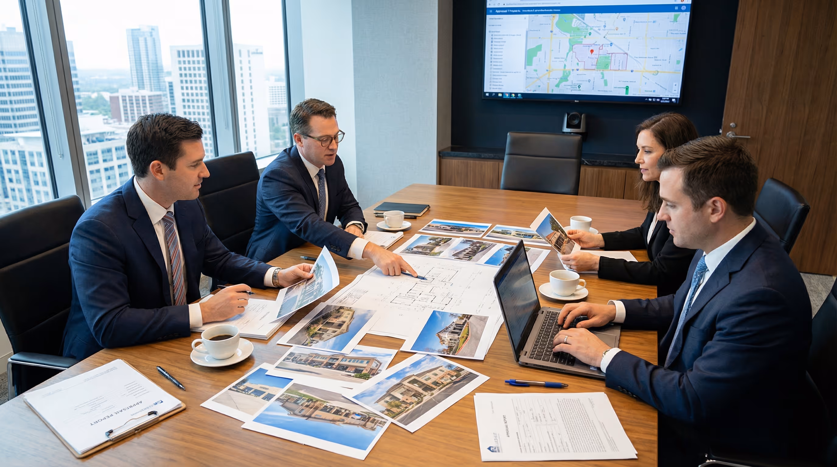 business meeting with appraisal documents and property photos spread on conference table