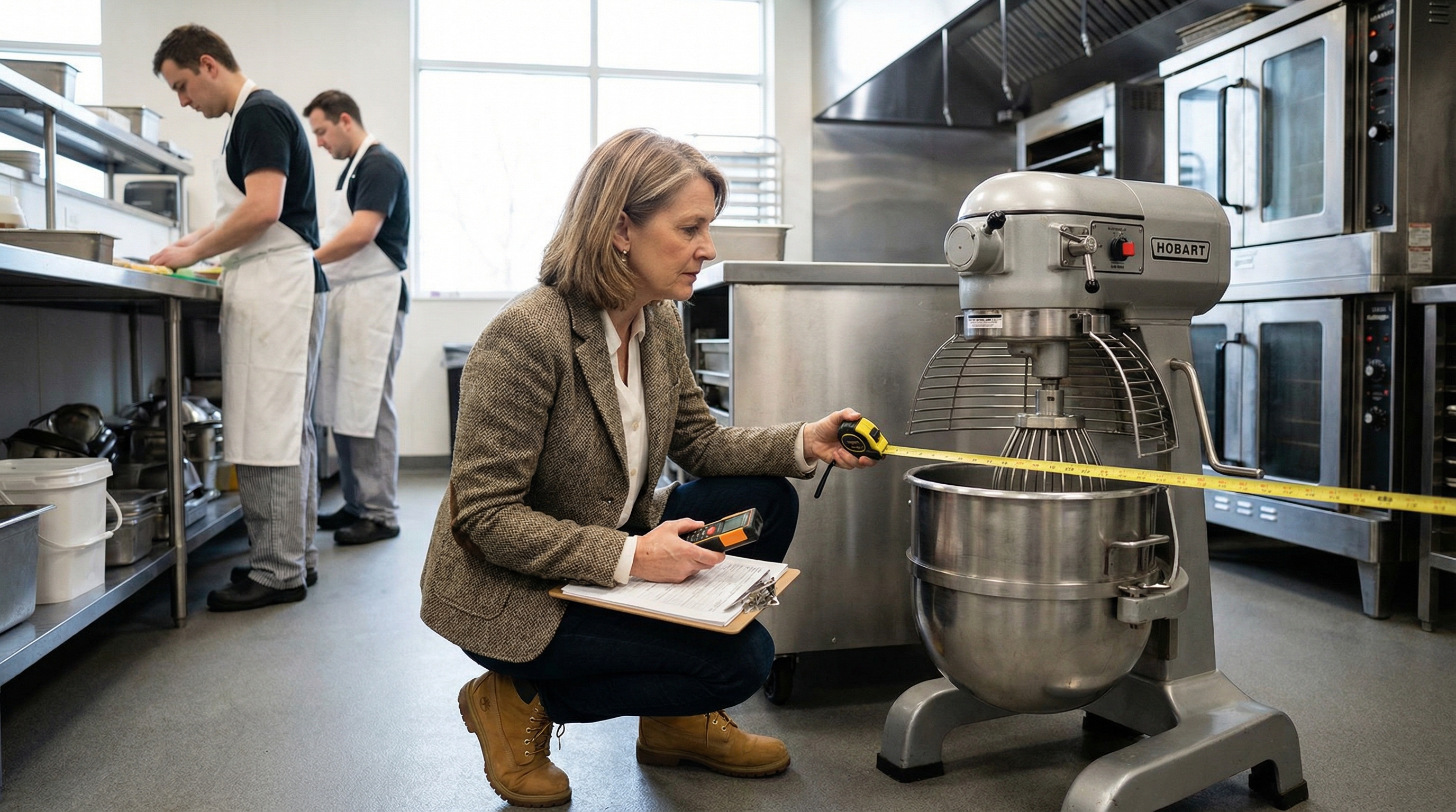 Professional appraiser inspecting commercial kitchen equipment with clipboard and measuring tools in modern restaurant kitchen