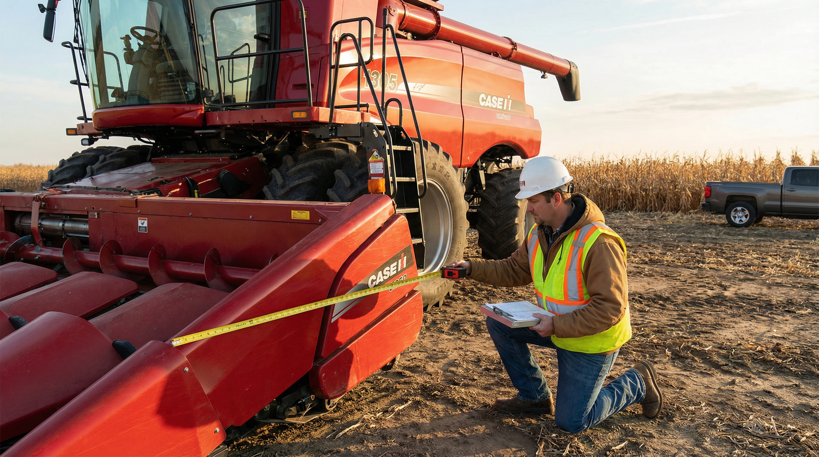 Professional appraiser examining a large red combine harvester in a farm field with clipboard and measuring tools