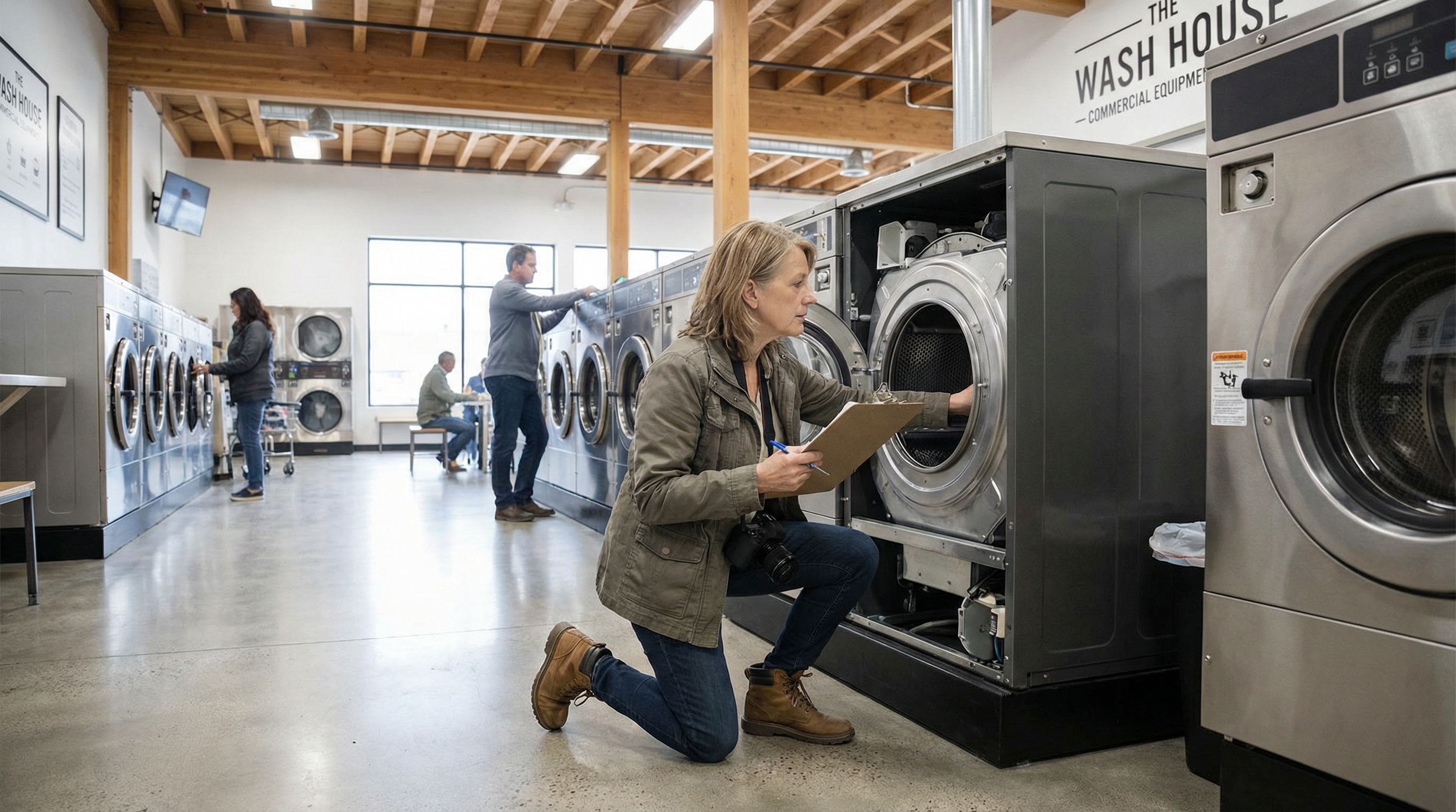 Professional appraiser examining commercial laundry equipment in a modern laundromat setting