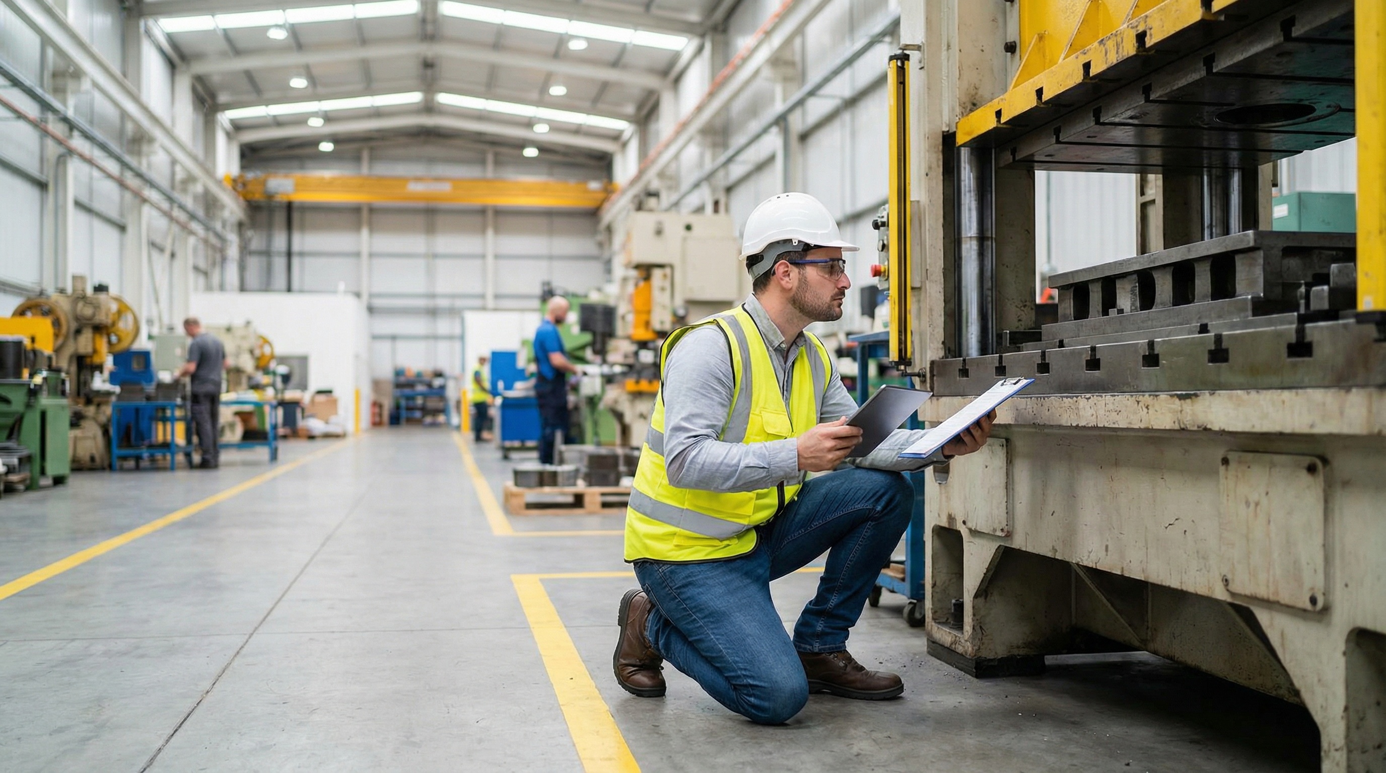 Professional appraiser inspecting industrial machinery in a manufacturing facility