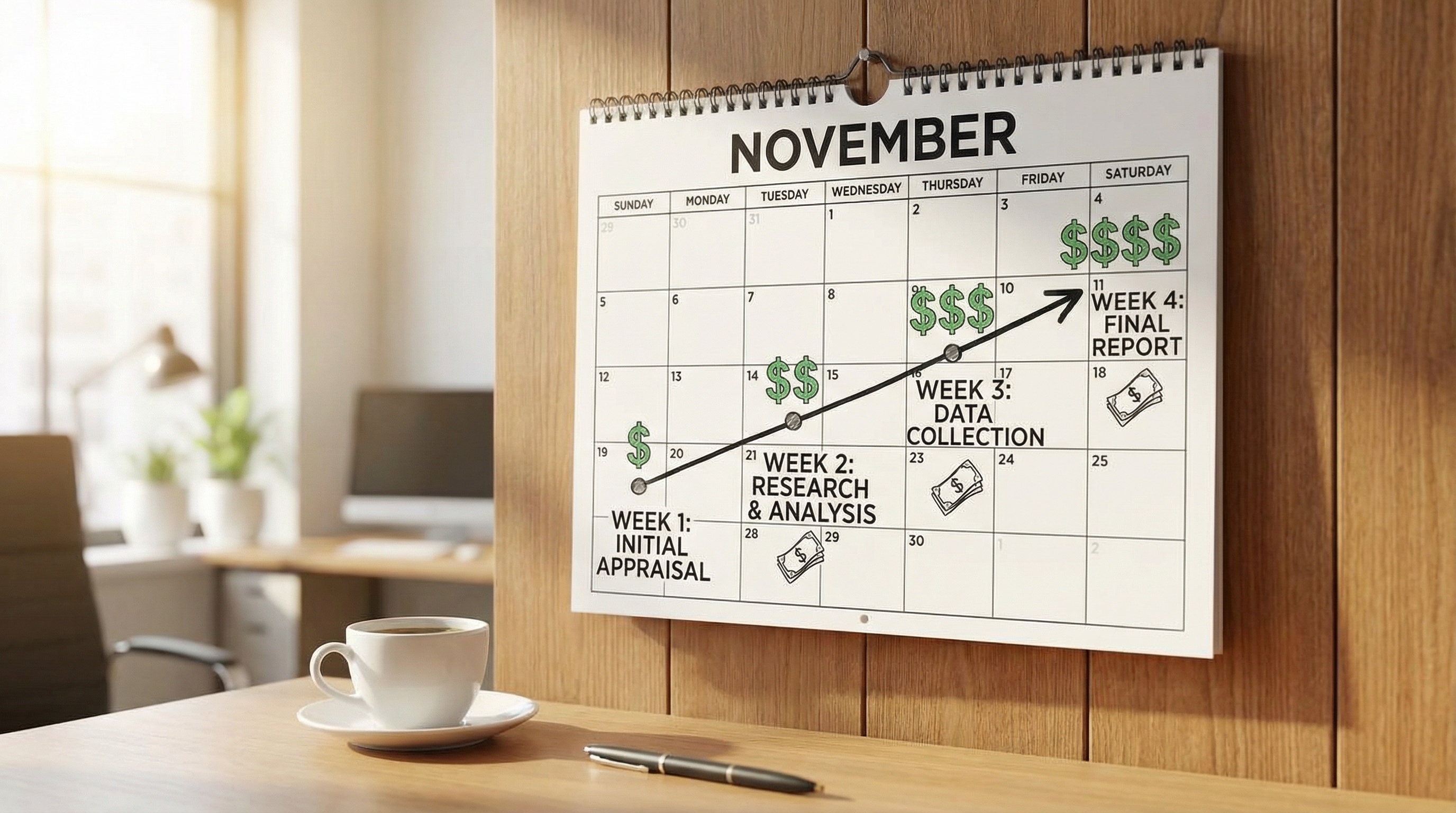 Calendar showing appraisal timeline with dollar signs indicating cost factors