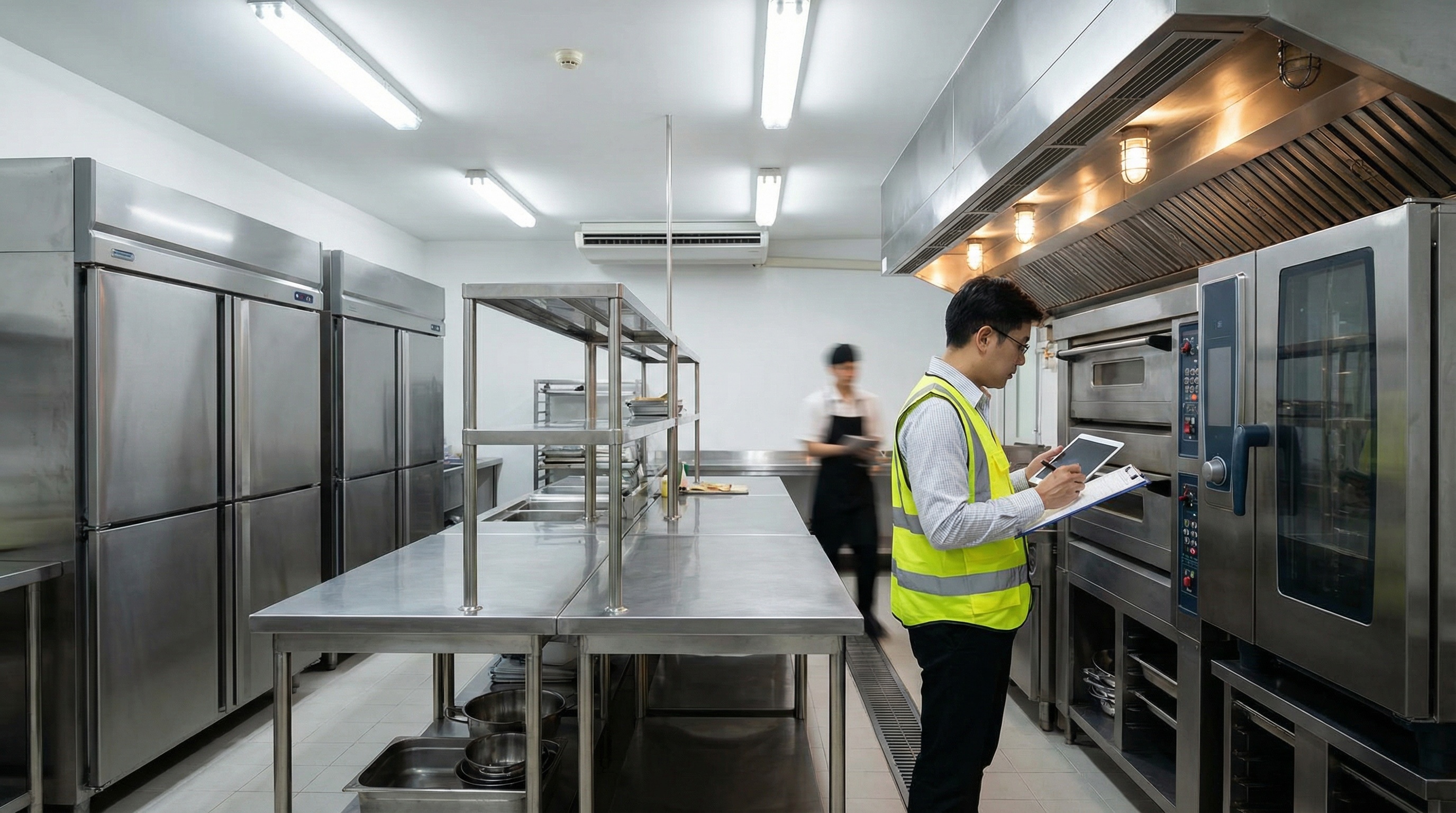 Restaurant kitchen with professional equipment including commercial ovens, refrigerators, and prep stations being evaluated by an appraiser with clipboard