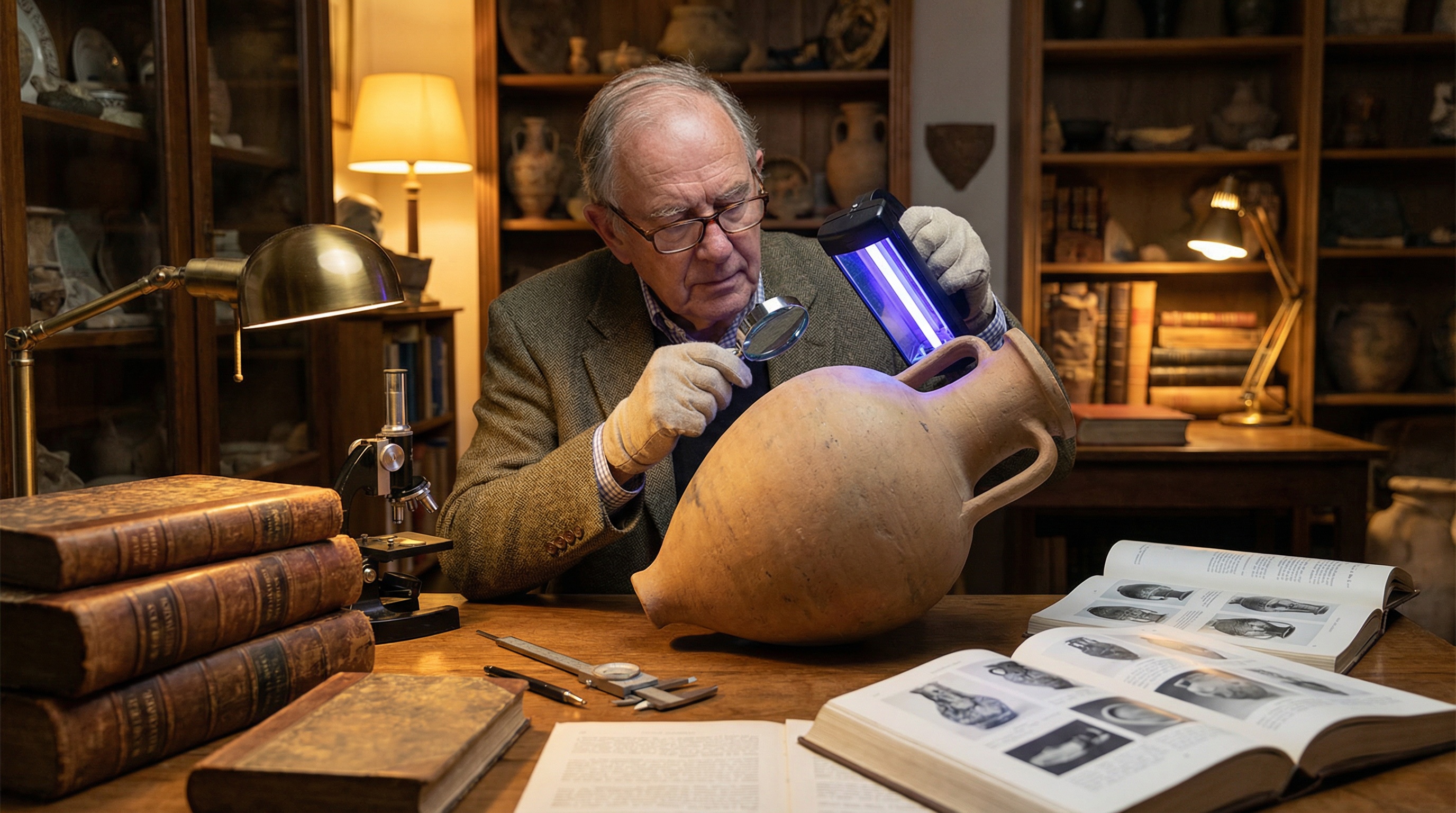 professional appraiser examining an ancient vessel with specialized tools and reference books