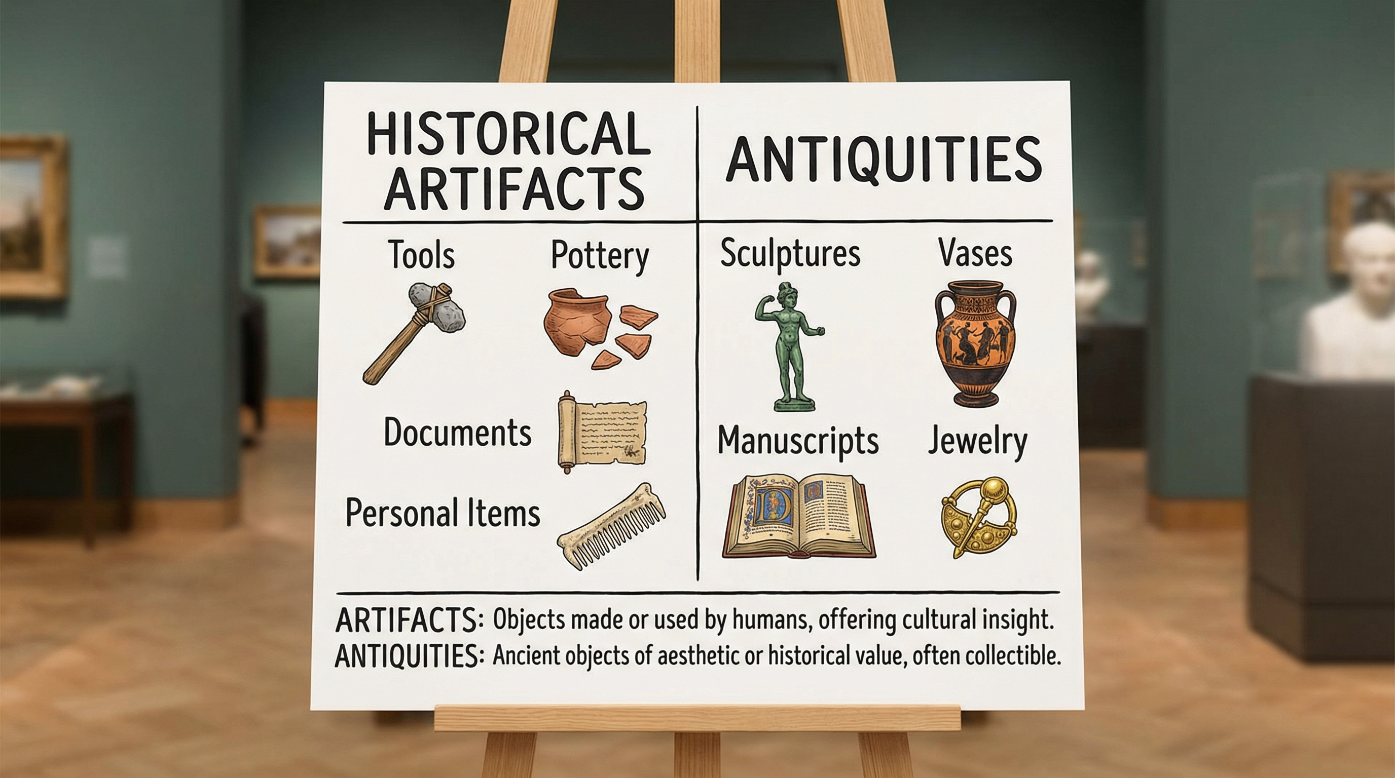 comparison chart showing different types of historical items categorized as artifacts vs antiquities