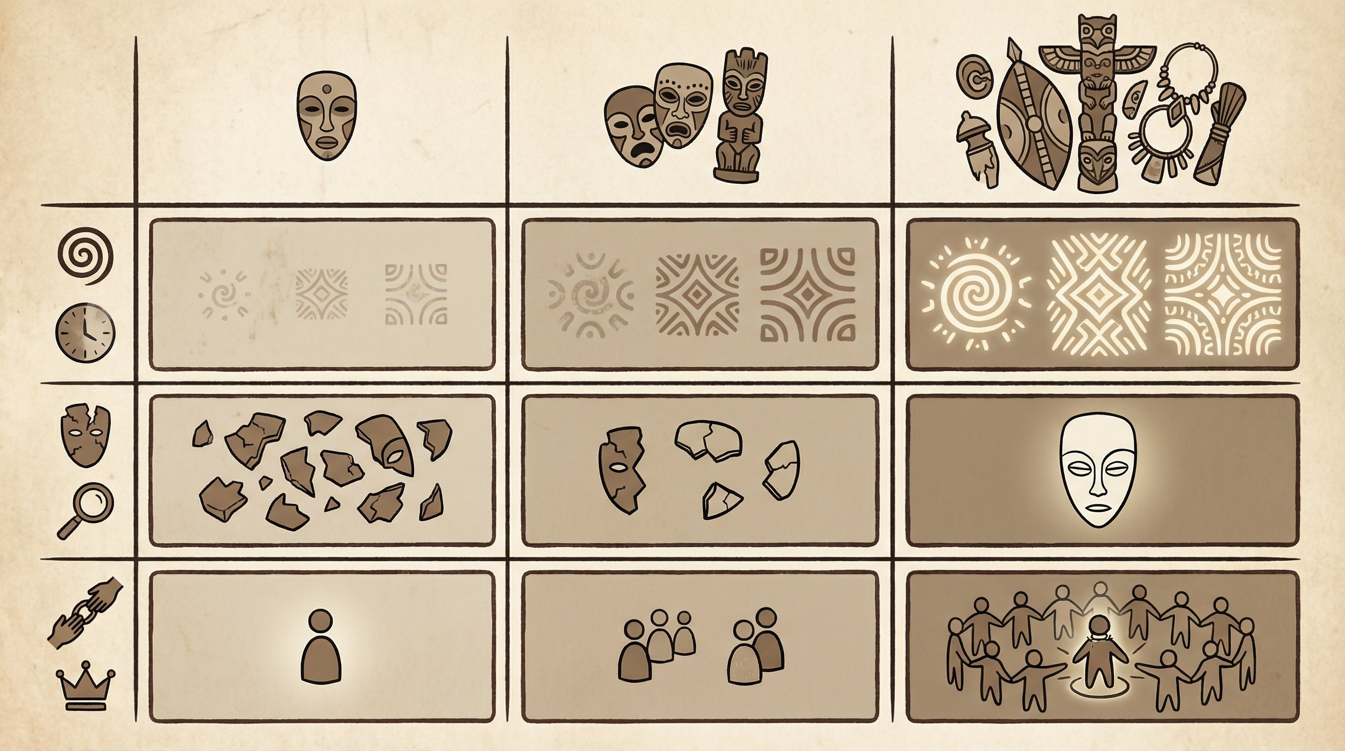 Comparison table showing tribal art valuation factors