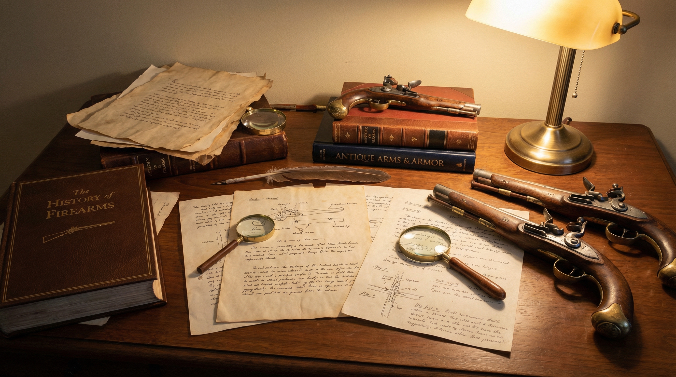 Historical documents and research materials for antique guns