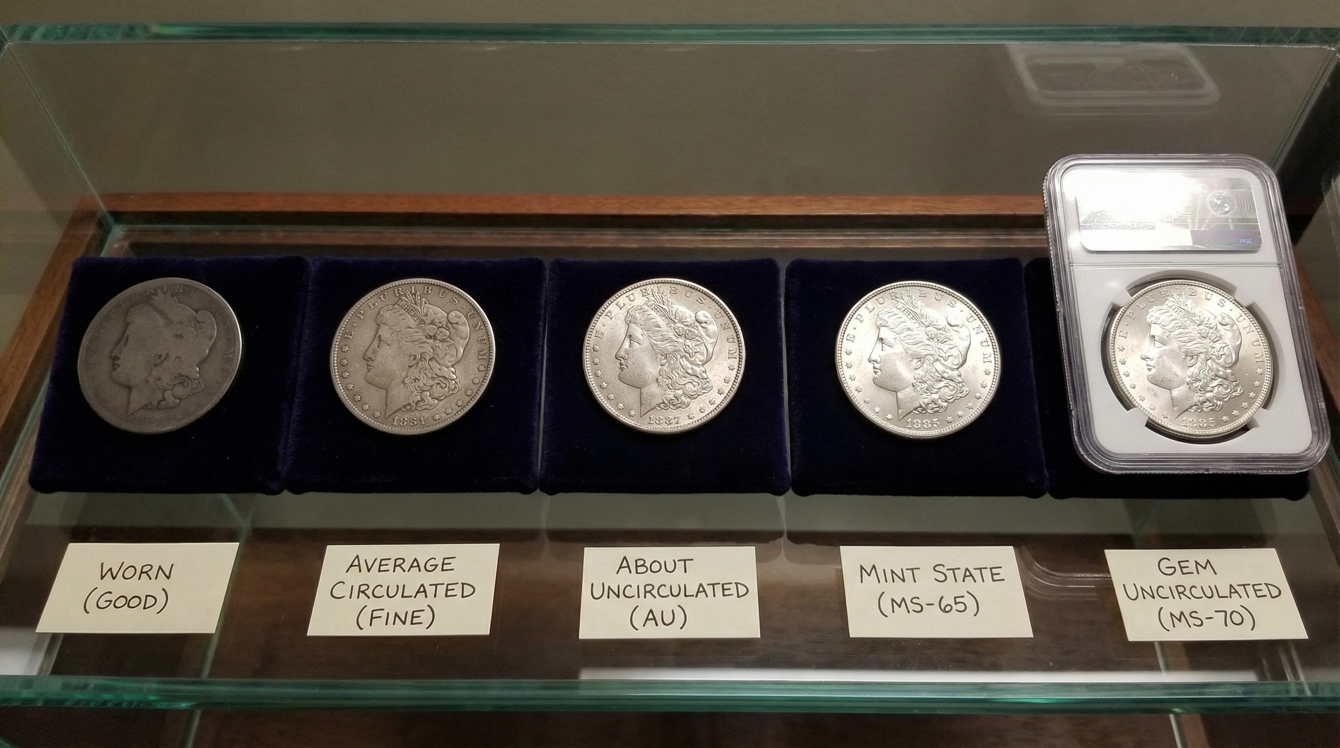 comparison showing same coin in different conditions from worn to mint state
