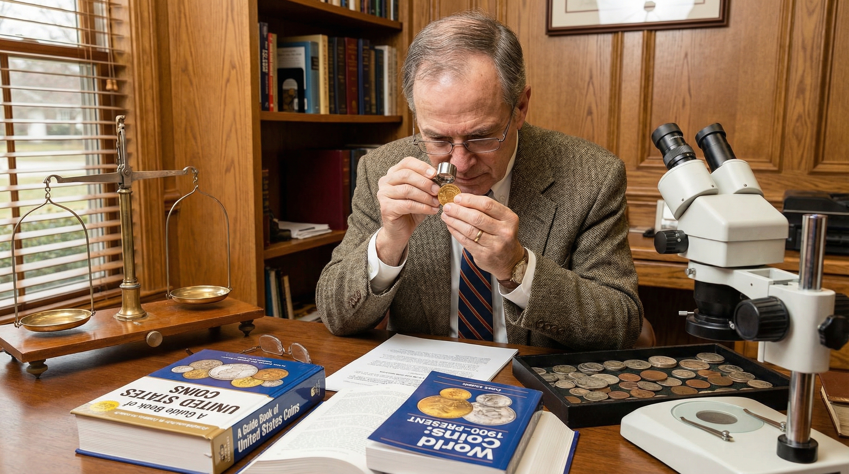 appraiser examining coins with professional tools including scale, magnifying glass, and reference materials