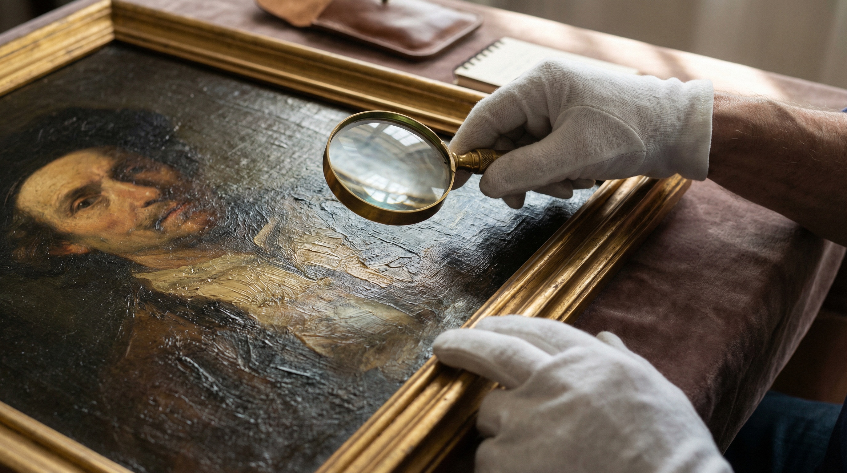 Professional appraiser examining donated artwork with clipboard and magnifying glass