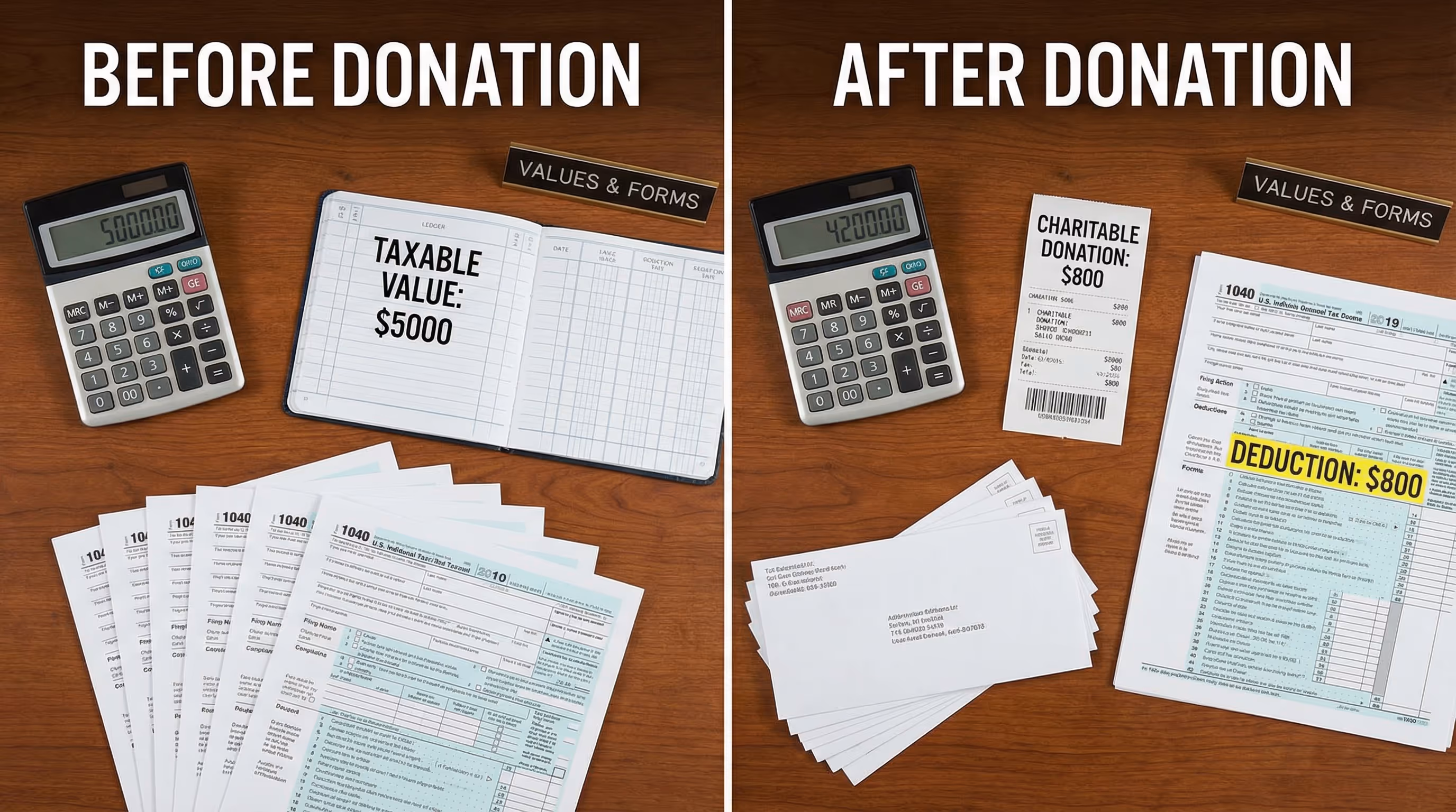 Split screen showing before and after donation values with calculator and tax forms