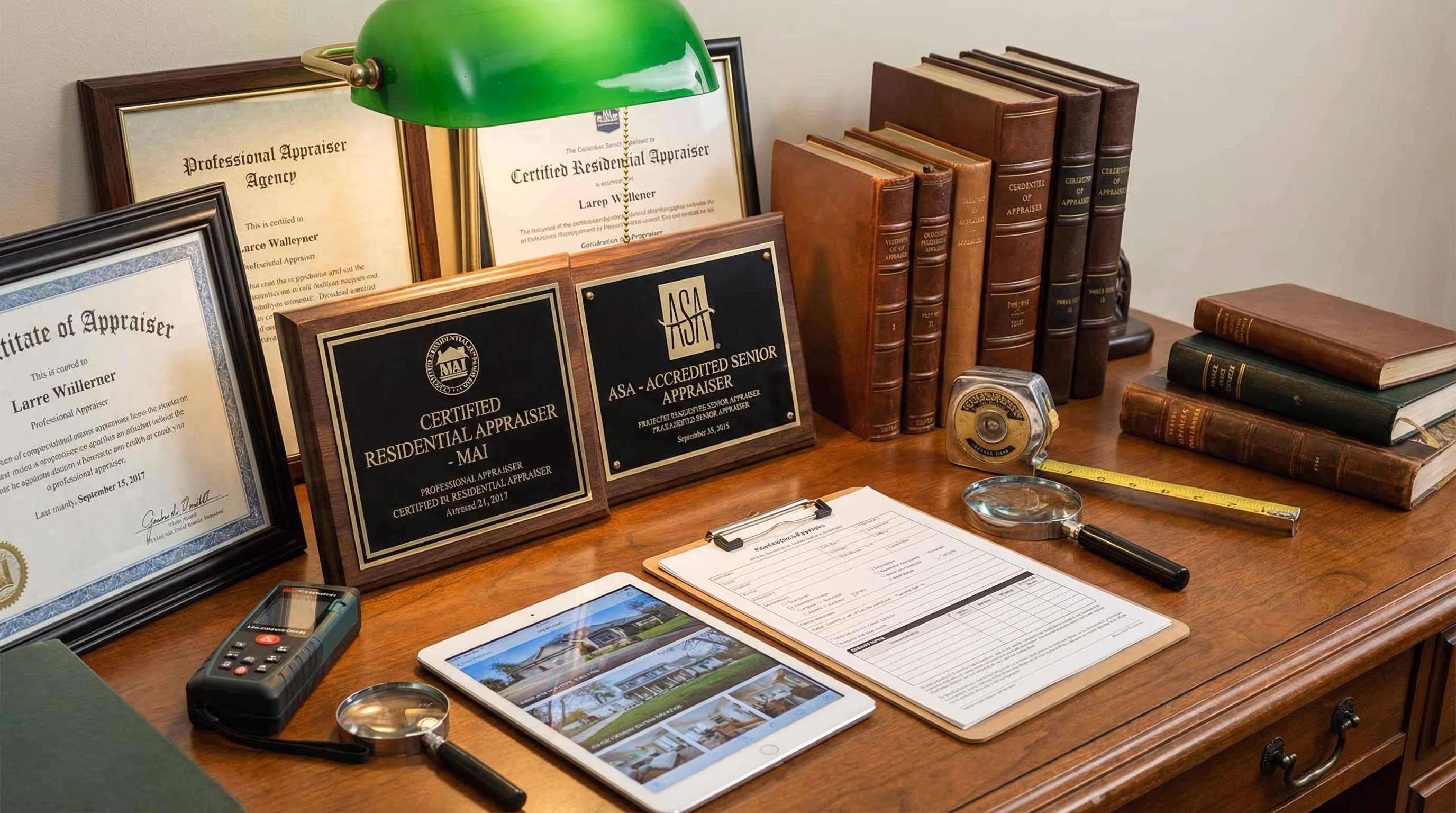 Professional credentials and certifications displayed on appraiser's desk with various appraisal tools