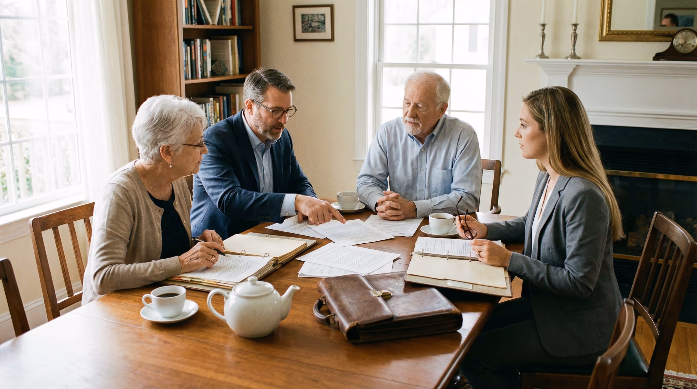 Family members discussing inheritance documents around table