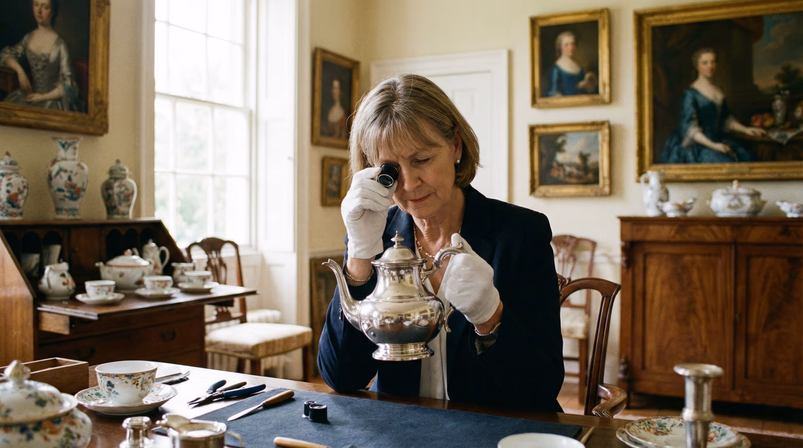 Professional appraiser examining antique items