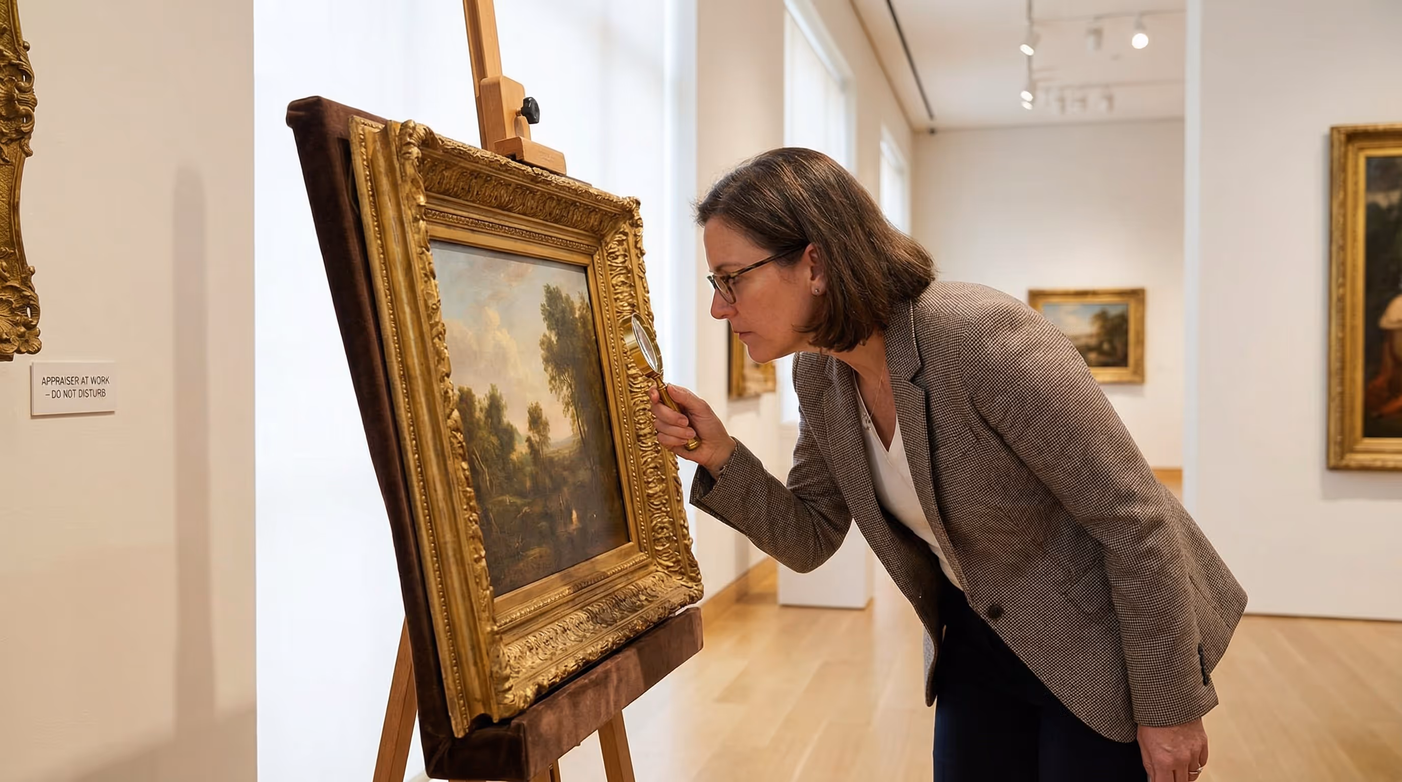 Professional art appraiser examining antique artwork