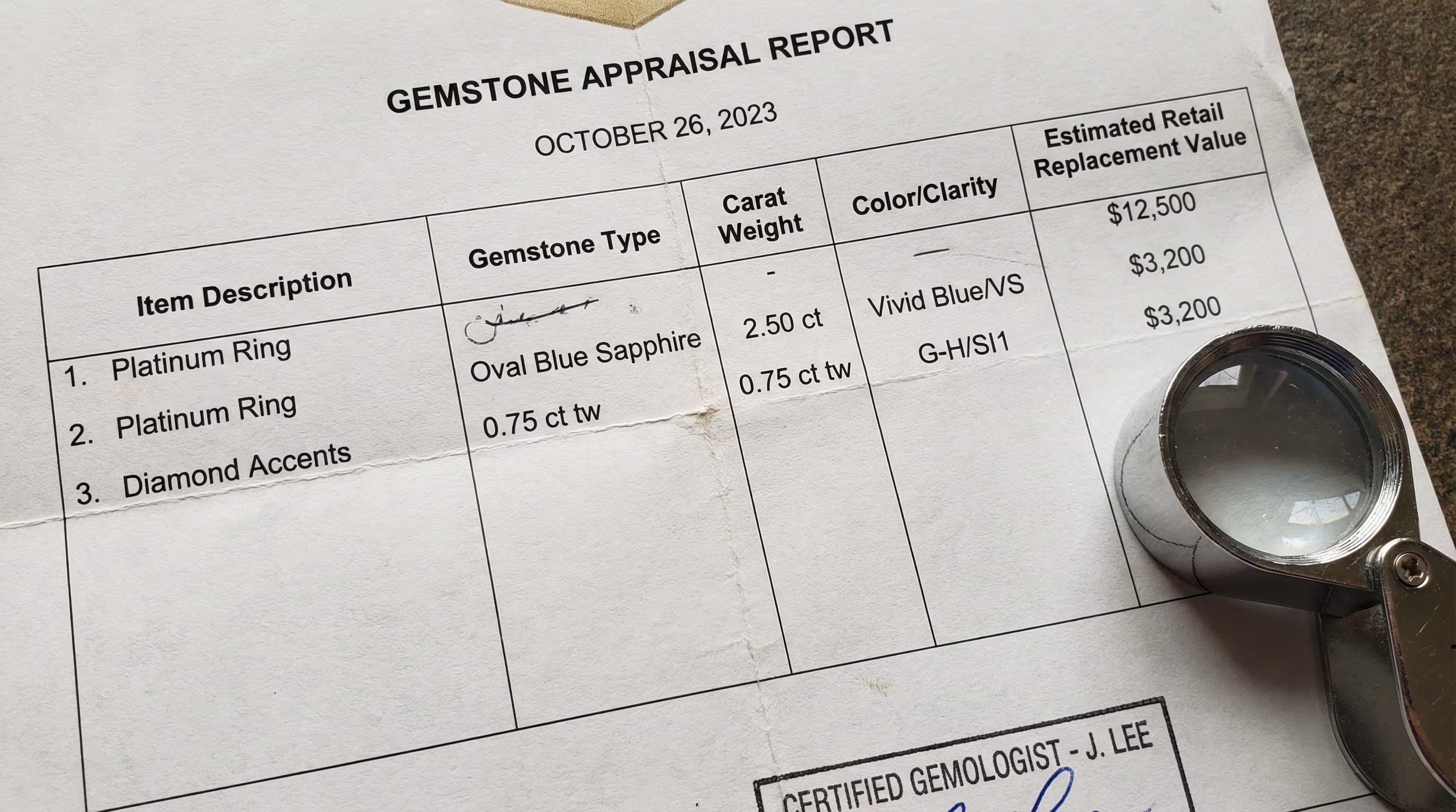 close-up of detailed jewelry appraisal report showing gemstone specifications and valuations