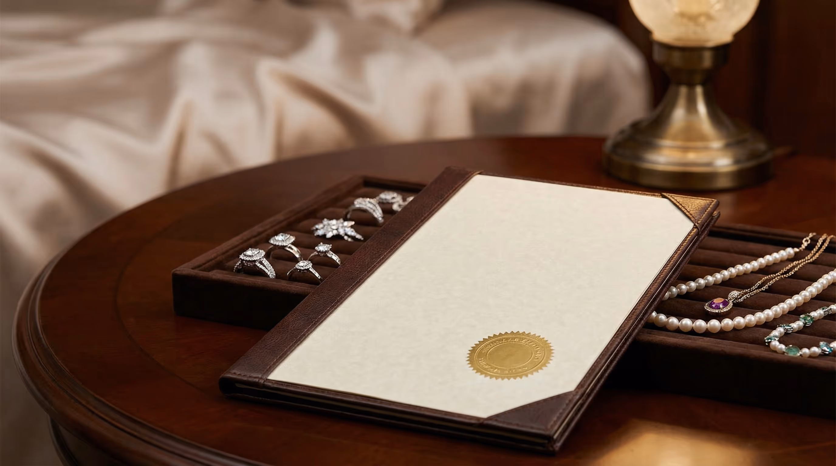 jewelry appraisal document with expensive rings and necklaces on elegant background