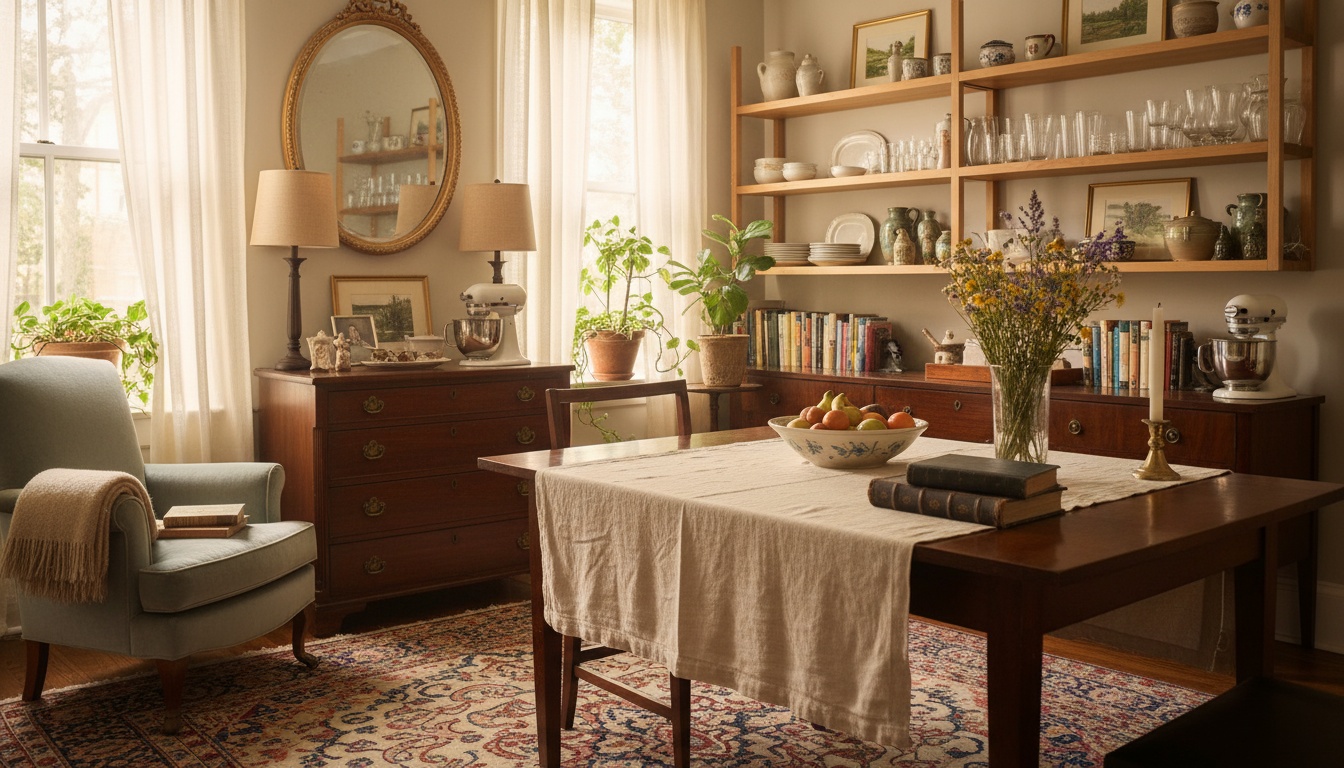 A man appraising furniture in a home. Cartoon image in purple.