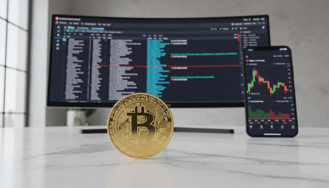 A man appraising furniture in a home. Cartoon image in purple.