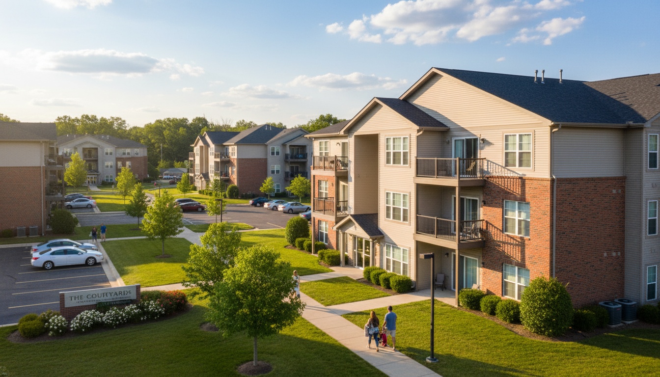 A man appraising furniture in a home. Cartoon image in purple.
