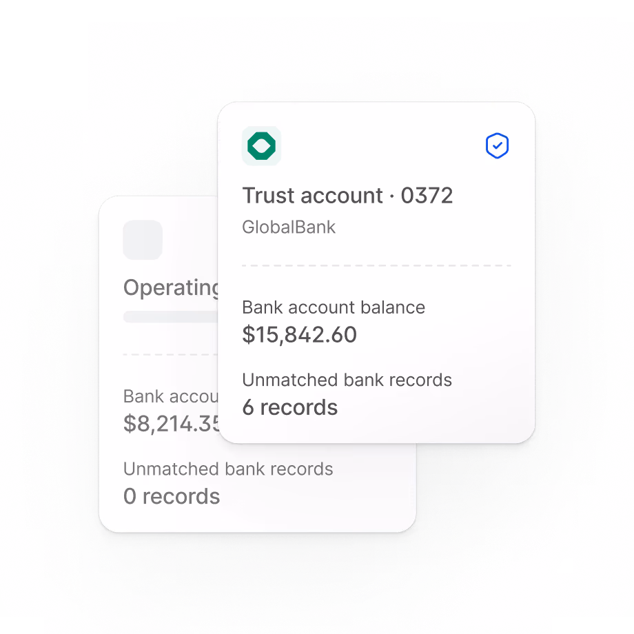 Bank account summary cards with balances and unmatched record counts.