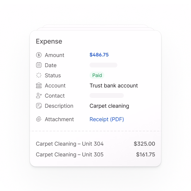 Expense summary showing amount $486.75 marked as Paid from Trust bank account for carpet cleaning with a PDF receipt attachment; details include charges for carpet cleaning in Unit 304 ($325.00) and Unit 305 ($161.75).