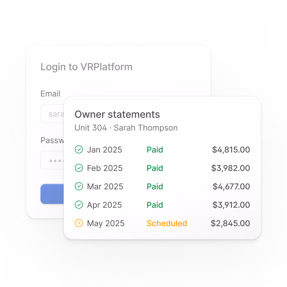 Owner statements list for Unit 304 over a VRPlatform login card.