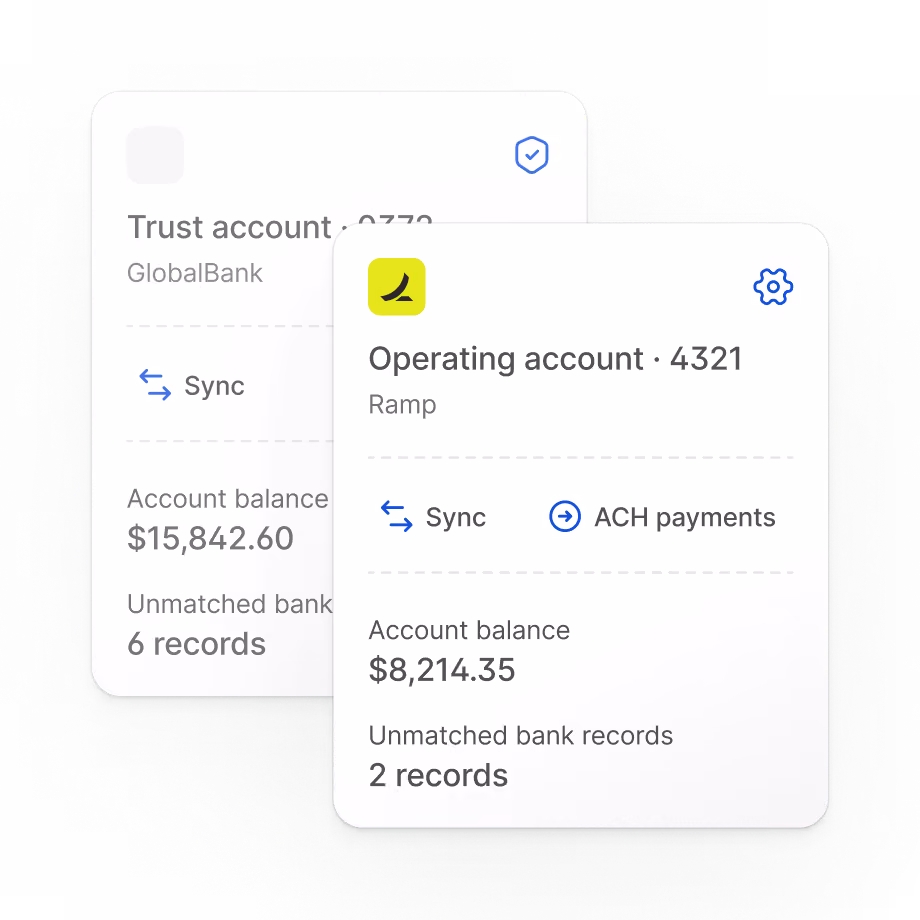 Operating and trust account cards showing balances, sync actions, and unmatched bank records.