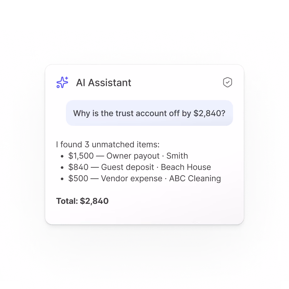AI Assistant card listing three unmatched trust account items totaling $2,840.