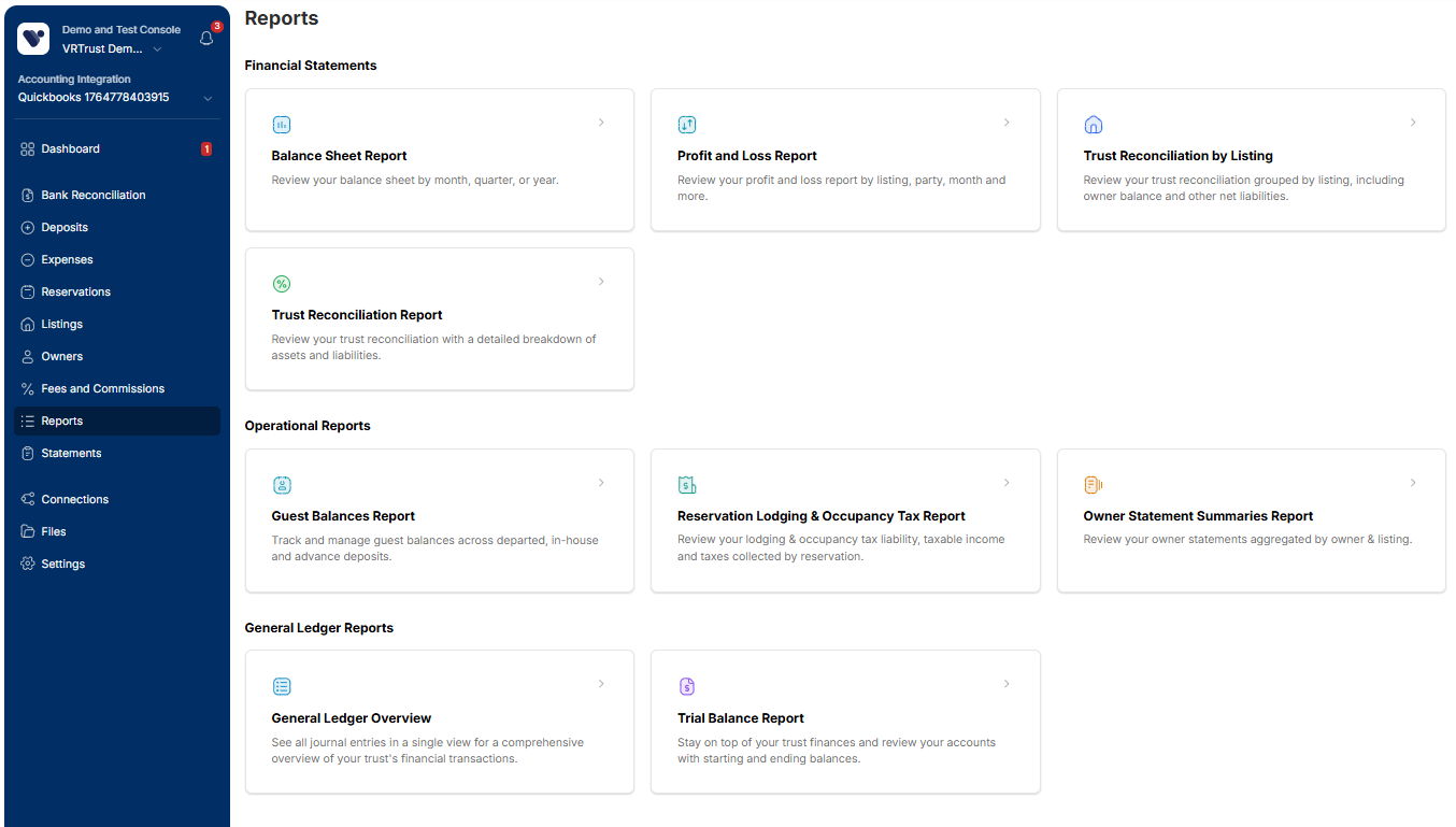 VRTrust financial reports dashboard